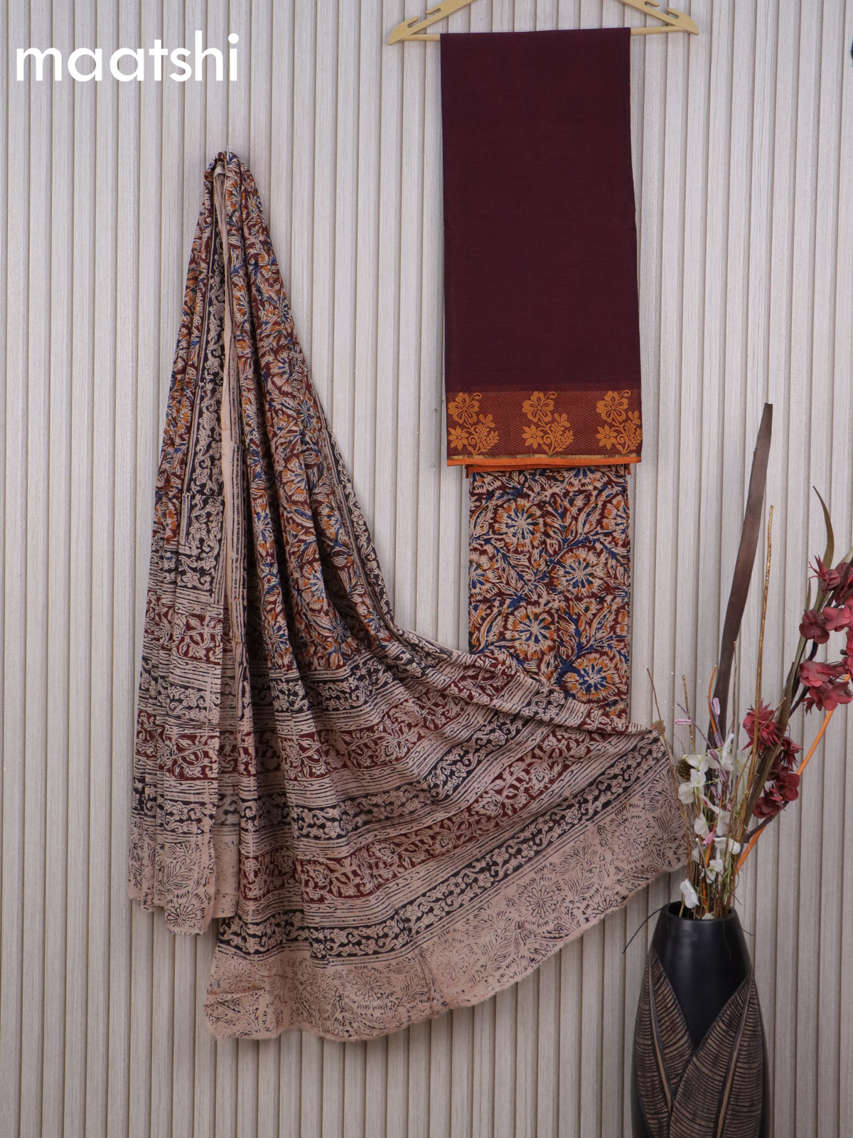 Cotton dress material deep maroon and brown with plain body & thread woven border and kalamkari bottom & dupatta