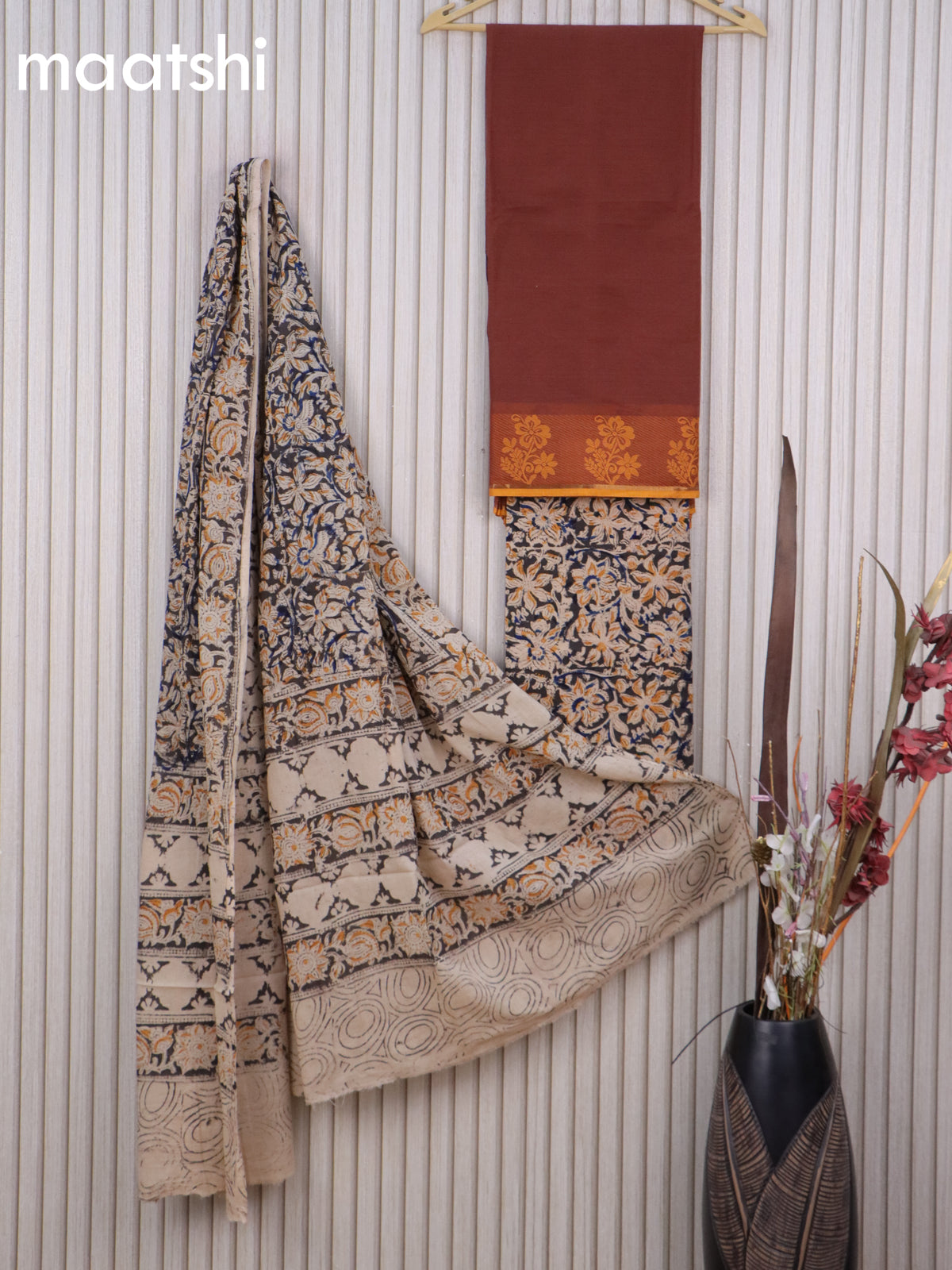 Cotton dress material brown and black beige with plain body & thread woven border and kalamkari bottom & dupatta