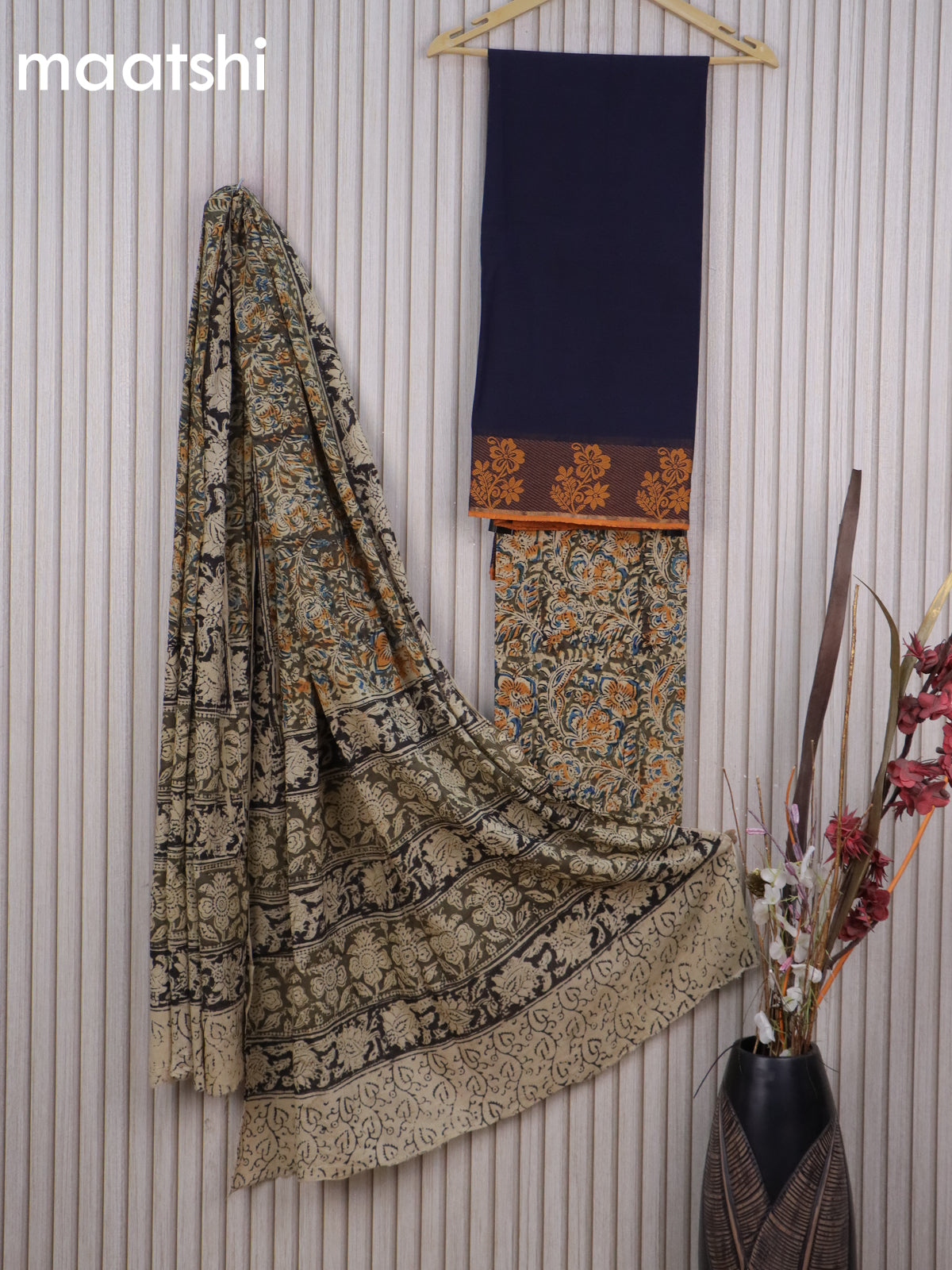 Cotton dress material navy blue and mehendi green beige with plain body & thread woven border and kalamkari bottom & dupatta