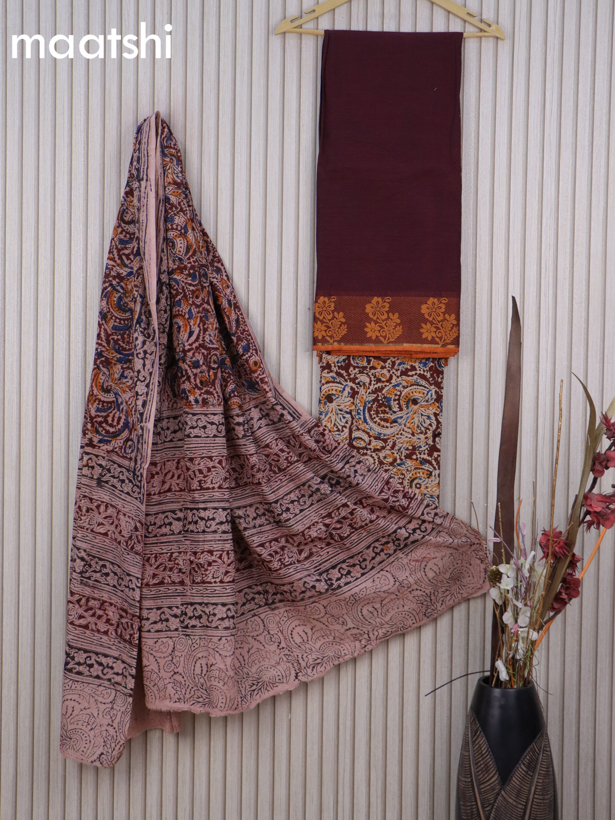 Cotton dress material deep maroon and brown with plain body & thread woven border and kalamkari bottom & dupatta