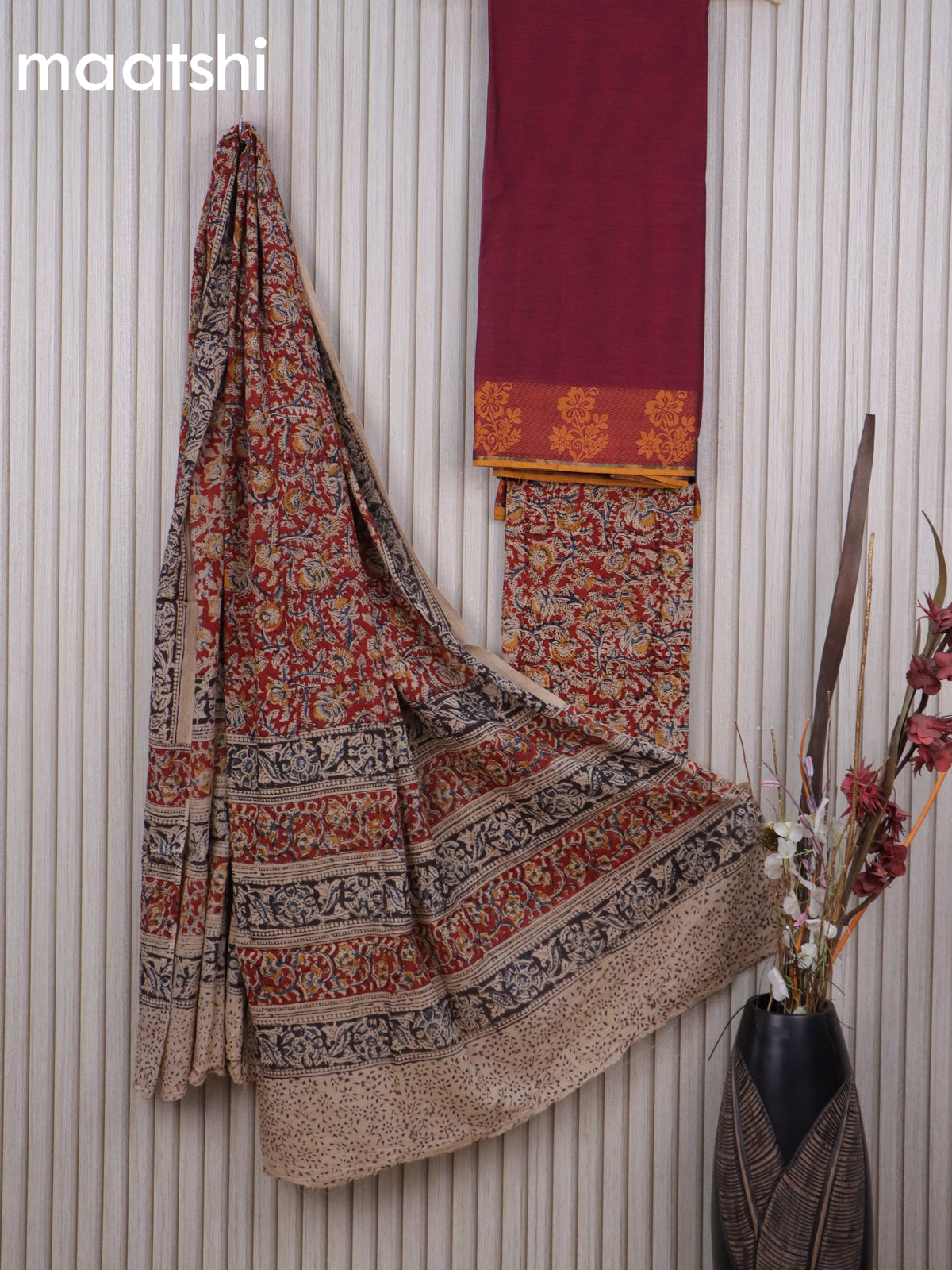 Cotton dress material maroon and red with plain body & thread woven border and kalamkari bottom & dupatta