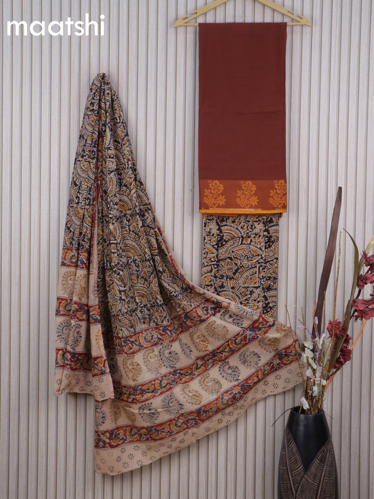 Cotton dress material brown and black beige with plain body & thread woven border and kalamkari bottom & dupatta