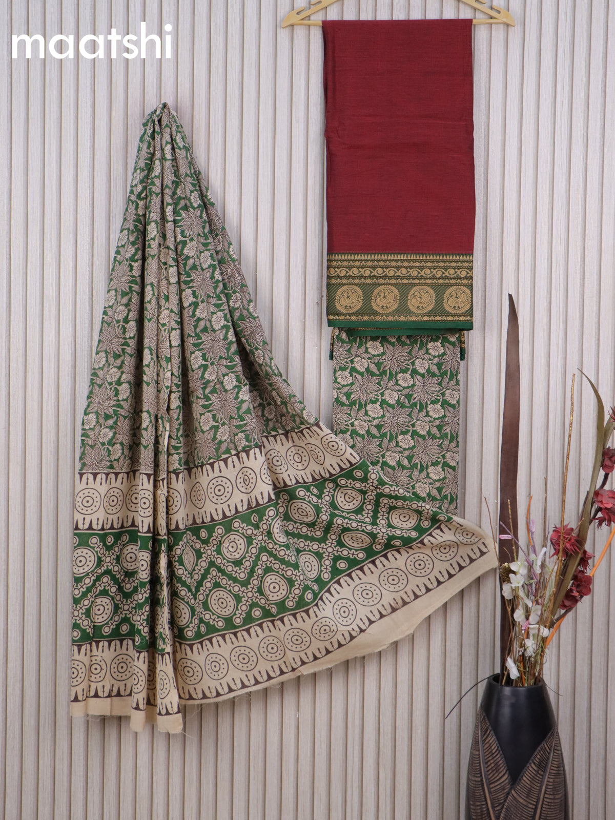 Cotton dress material maroon and green with plain body & thread woven border and kalamkari bottom & dupatta