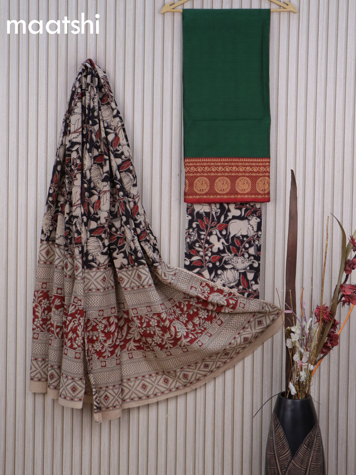 Cotton dress material green and black beige with plain body & thread woven border and kalamkari pichwai bottom & dupatta