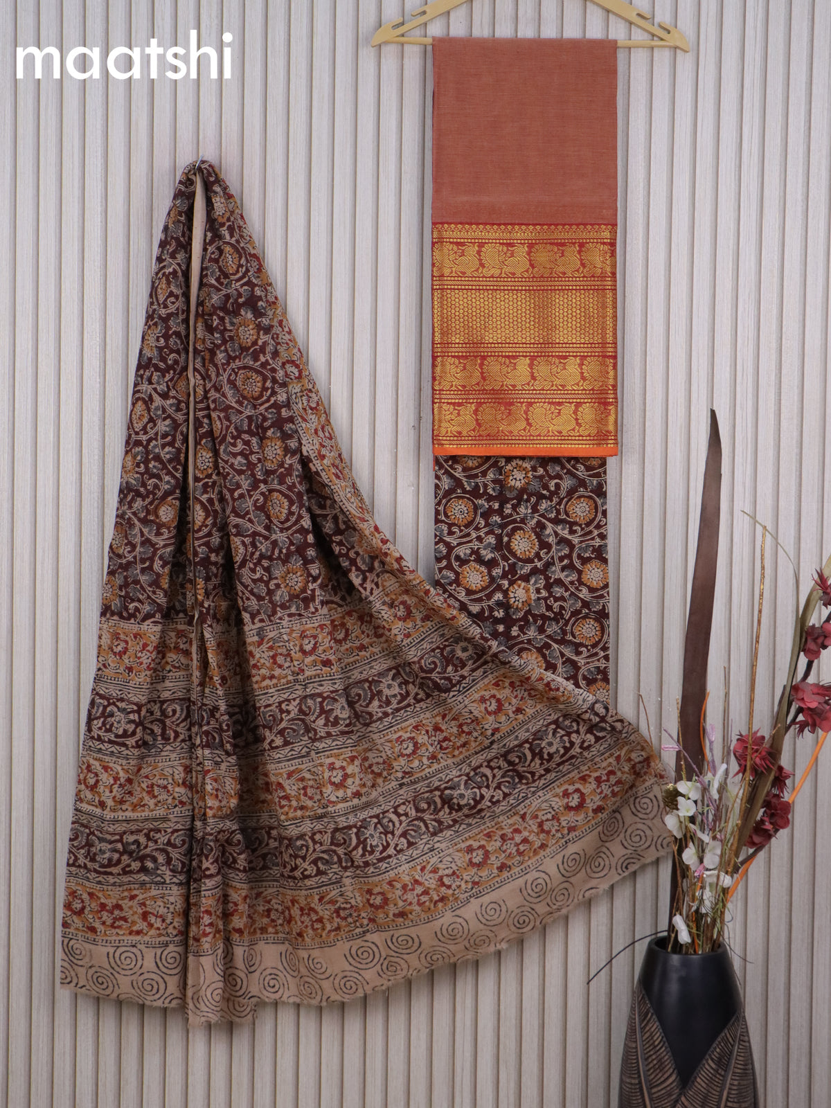 Cotton dress material dual shade rust and brown with plain body & long zari woven border and kalamkari bottom & dupatta