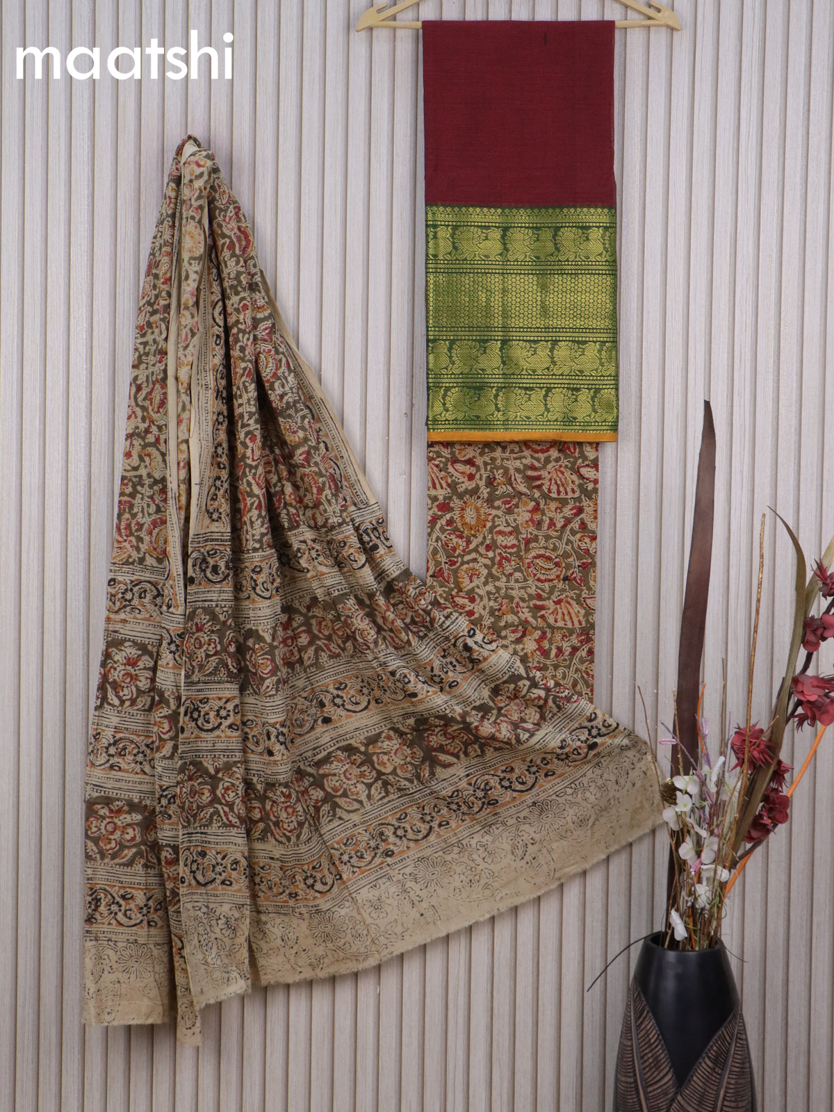 Cotton dress material maroon and mehendi green with plain body & long zari woven border and kalamkari bottom & dupatta