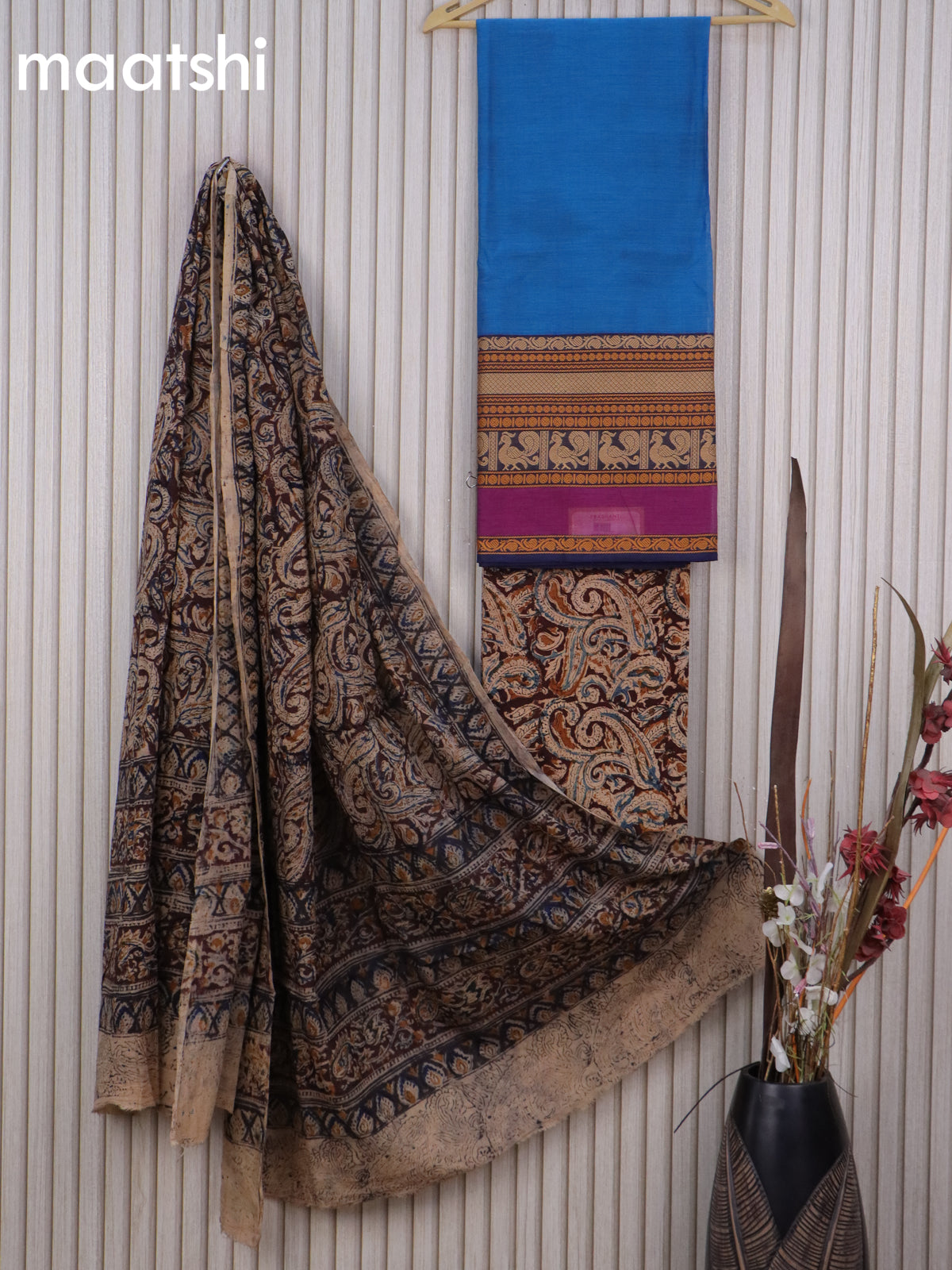 Cotton dress material cs blue and brown with plain body & long thread woven border and kalamkari bottom & dupatta