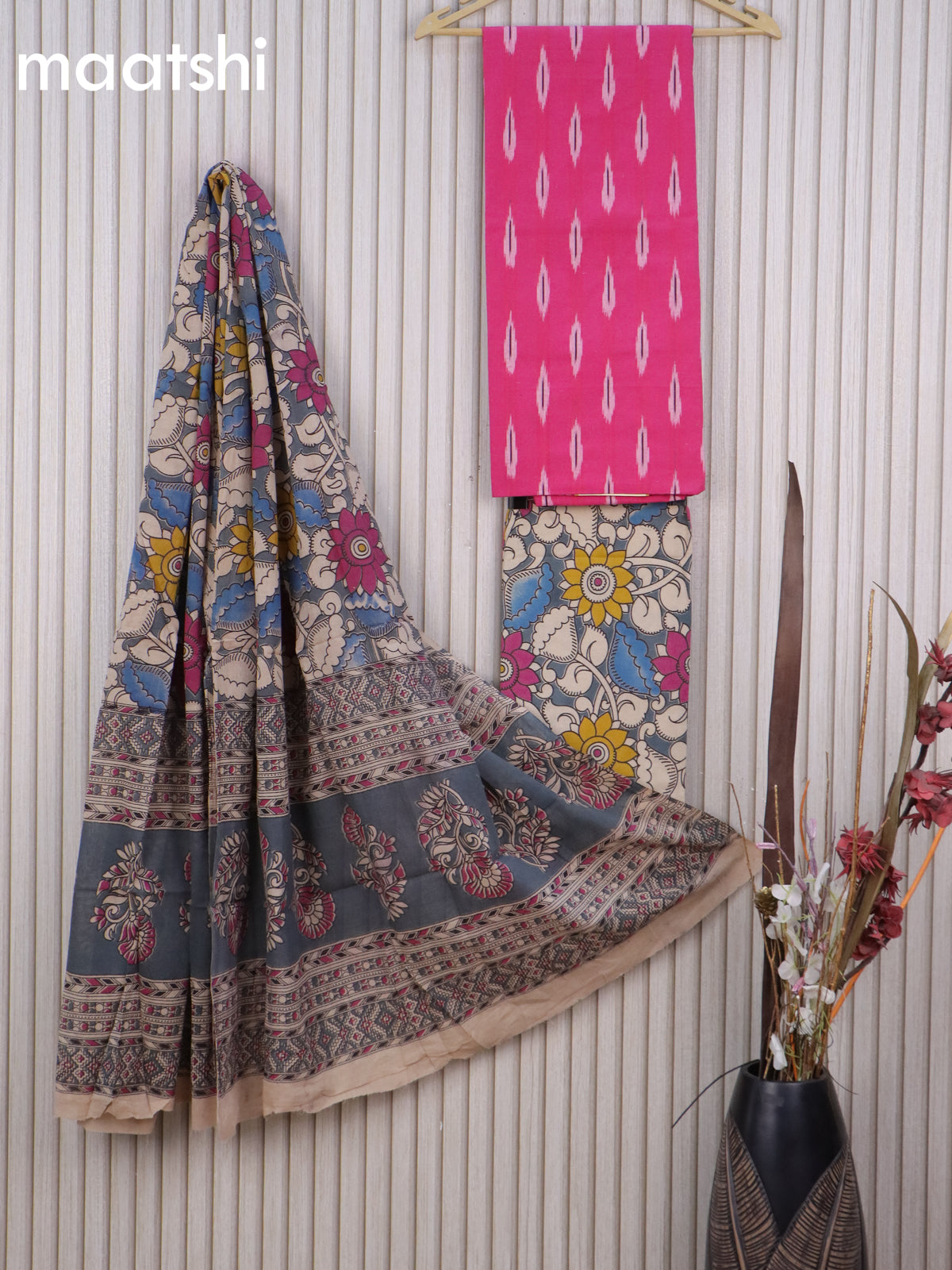 Cotton dress material pink and beige grey with allover ikat buttas weaves and kalamkari bottom & dupatta