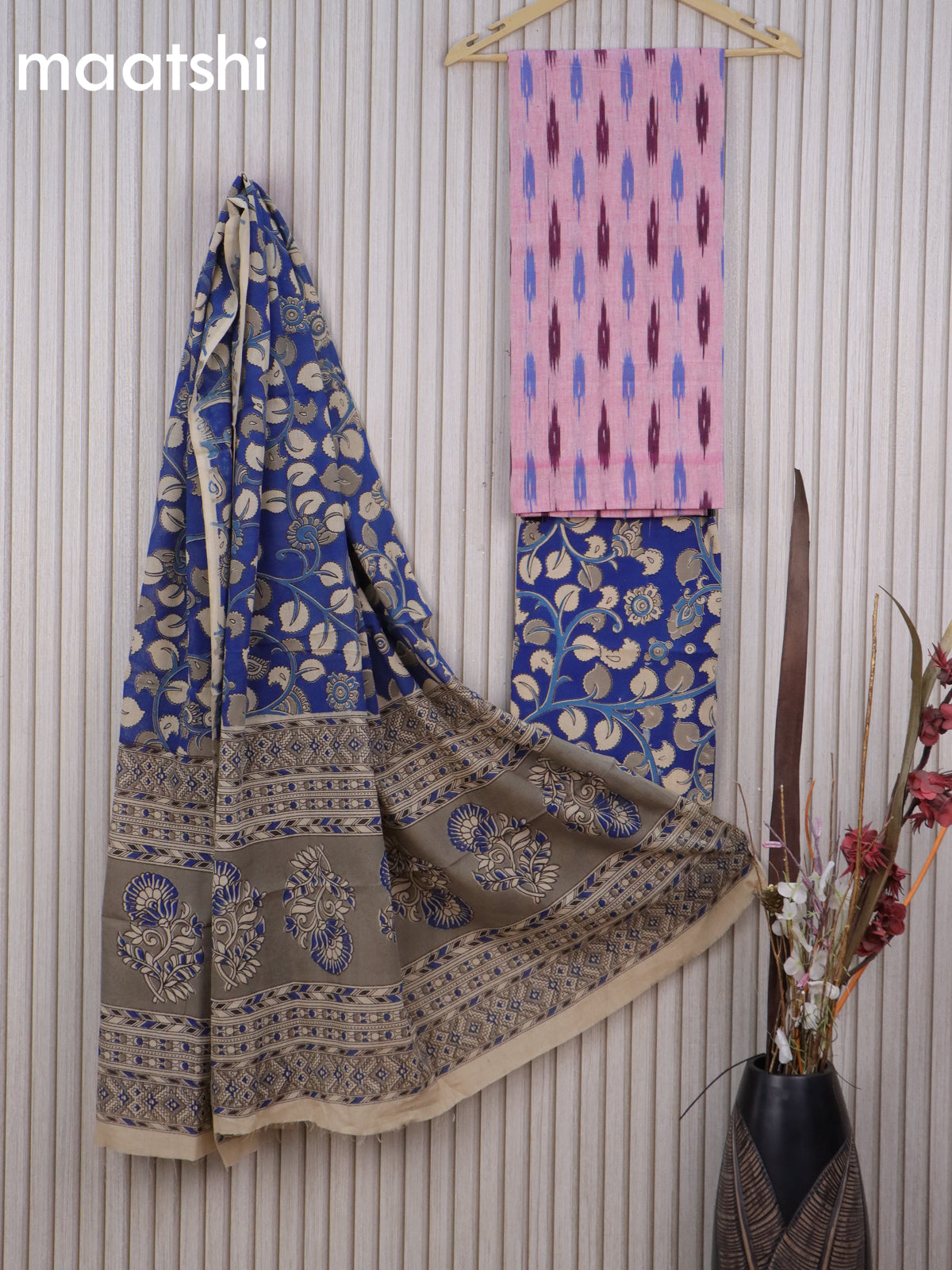 Cotton dress material baby pink and blue with allover ikat buttas weaves and kalamkari bottom & dupatta