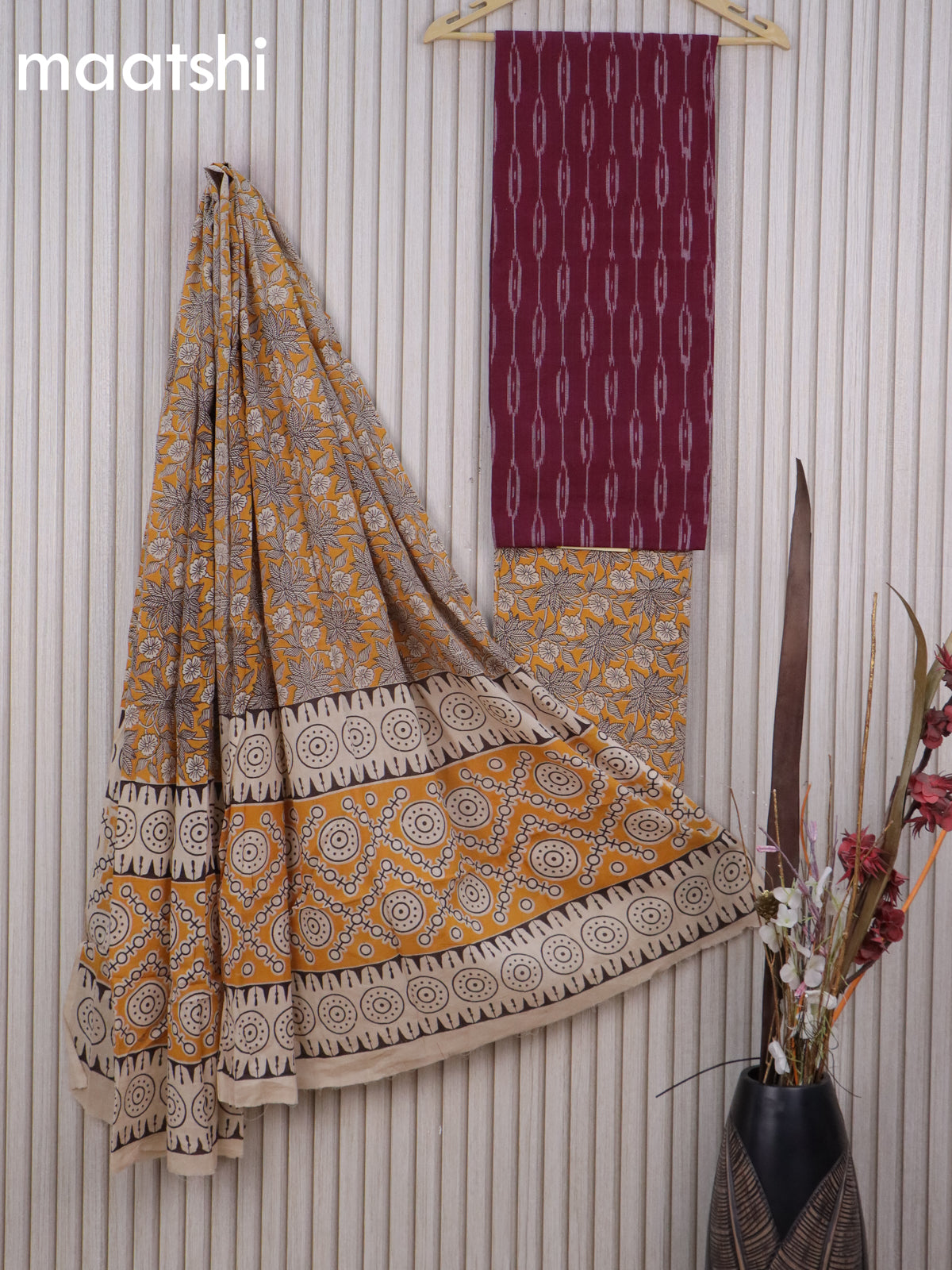 Cotton dress material maroon and yellow with allover ikat weaves and kalamkari bottom & dupatta