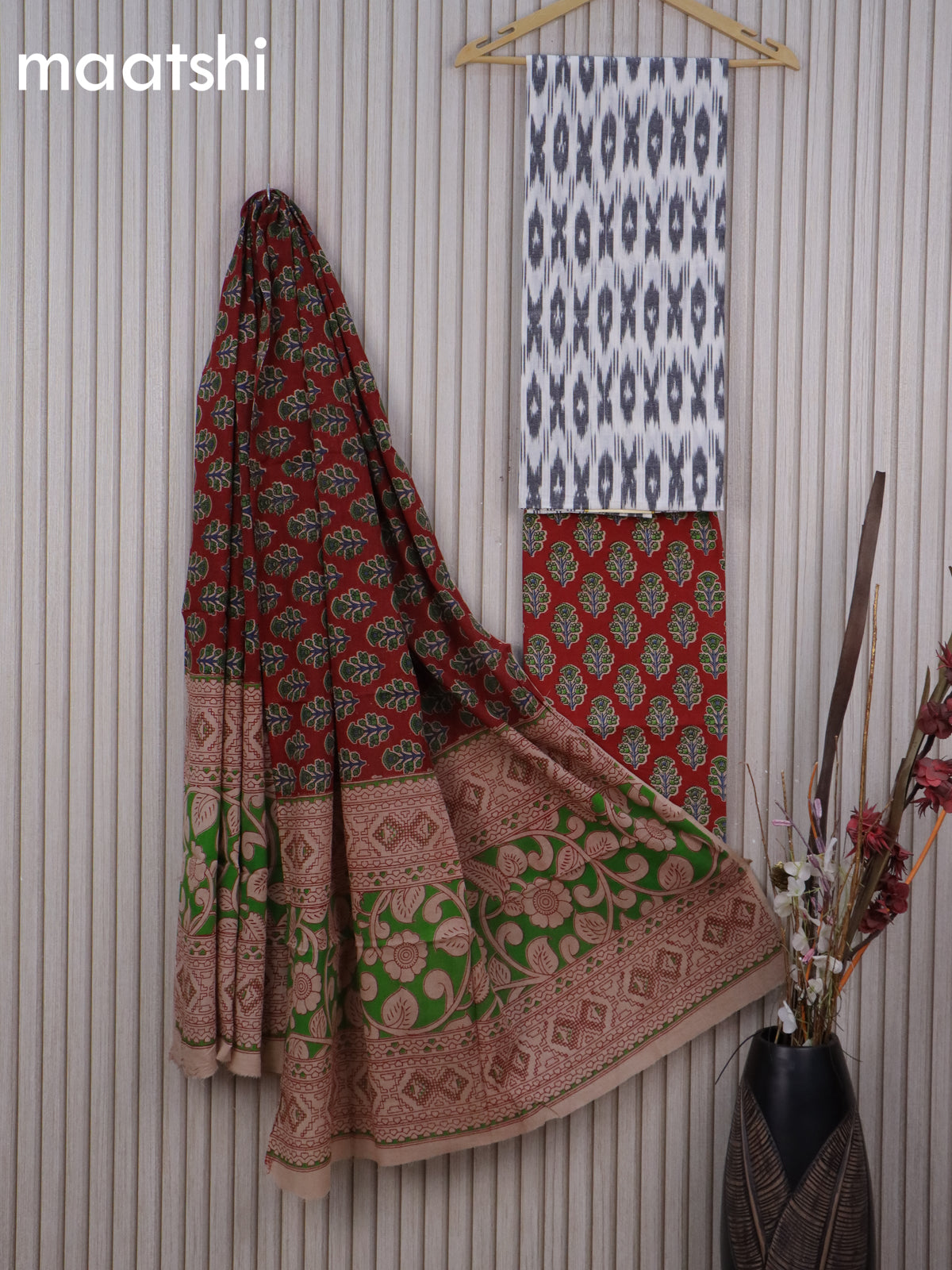 Cotton dress material off white black and maroon with allover ikat buttas weaves and kalamkari bottom & dupatta