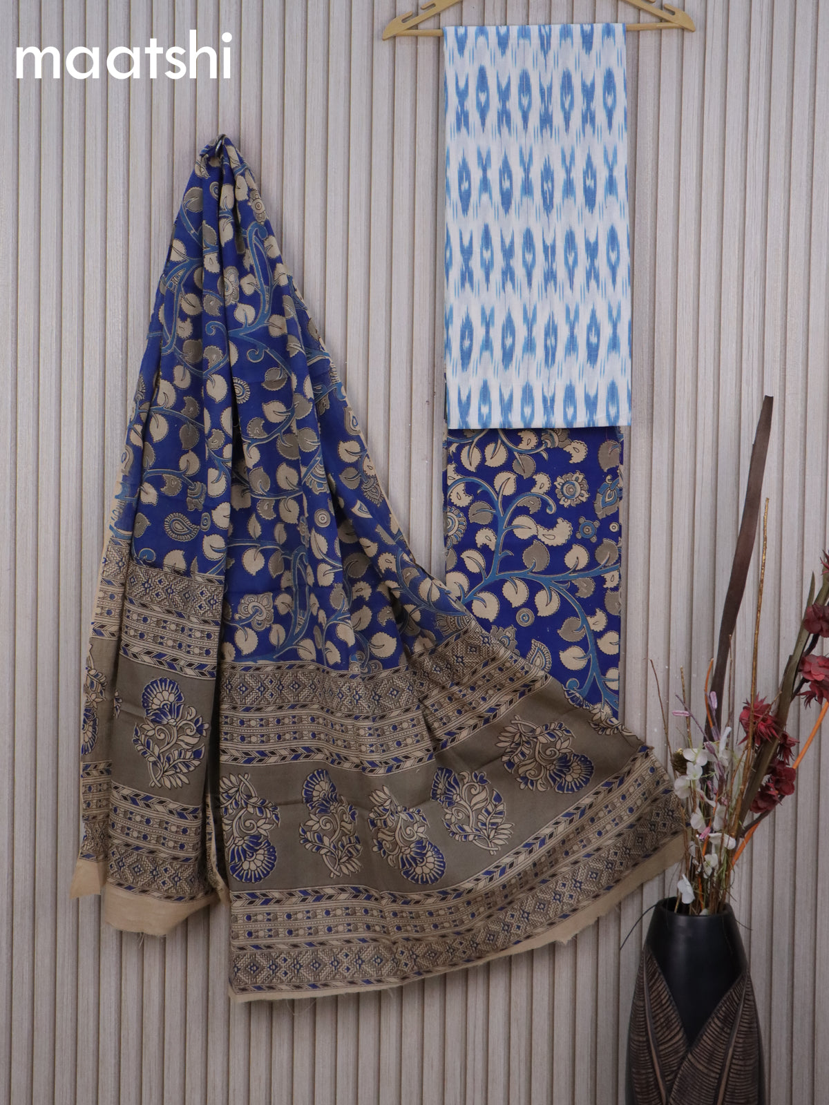 Cotton dress material cream and blue with allover ikat weaves and kalamkari bottom & dupatta