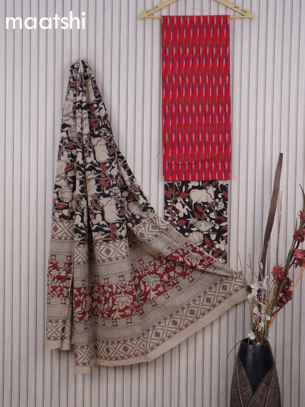 Cotton dress material red and black beige with allover ikat weaves and kalamkari pichwai bottom & dupatta