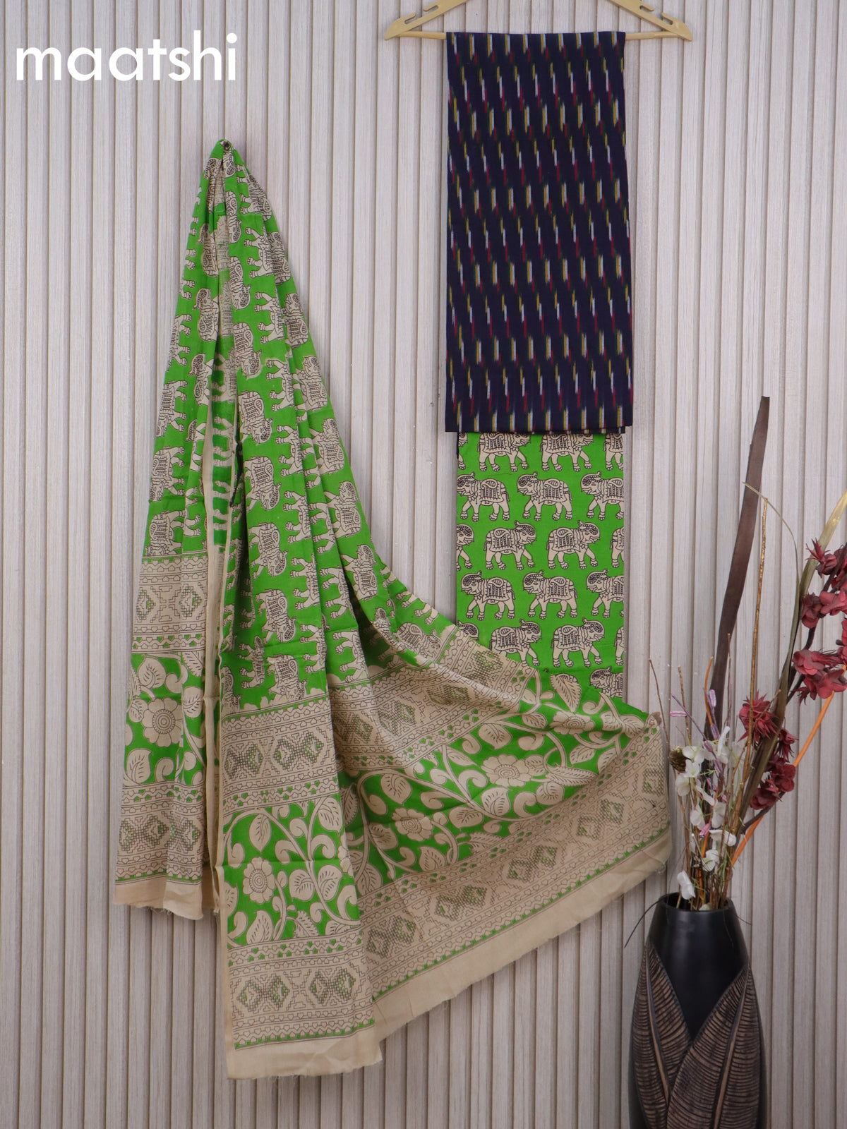 Cotton dress material navy blue and light green with allover ikat weaves and kalamkari bottom & dupatta