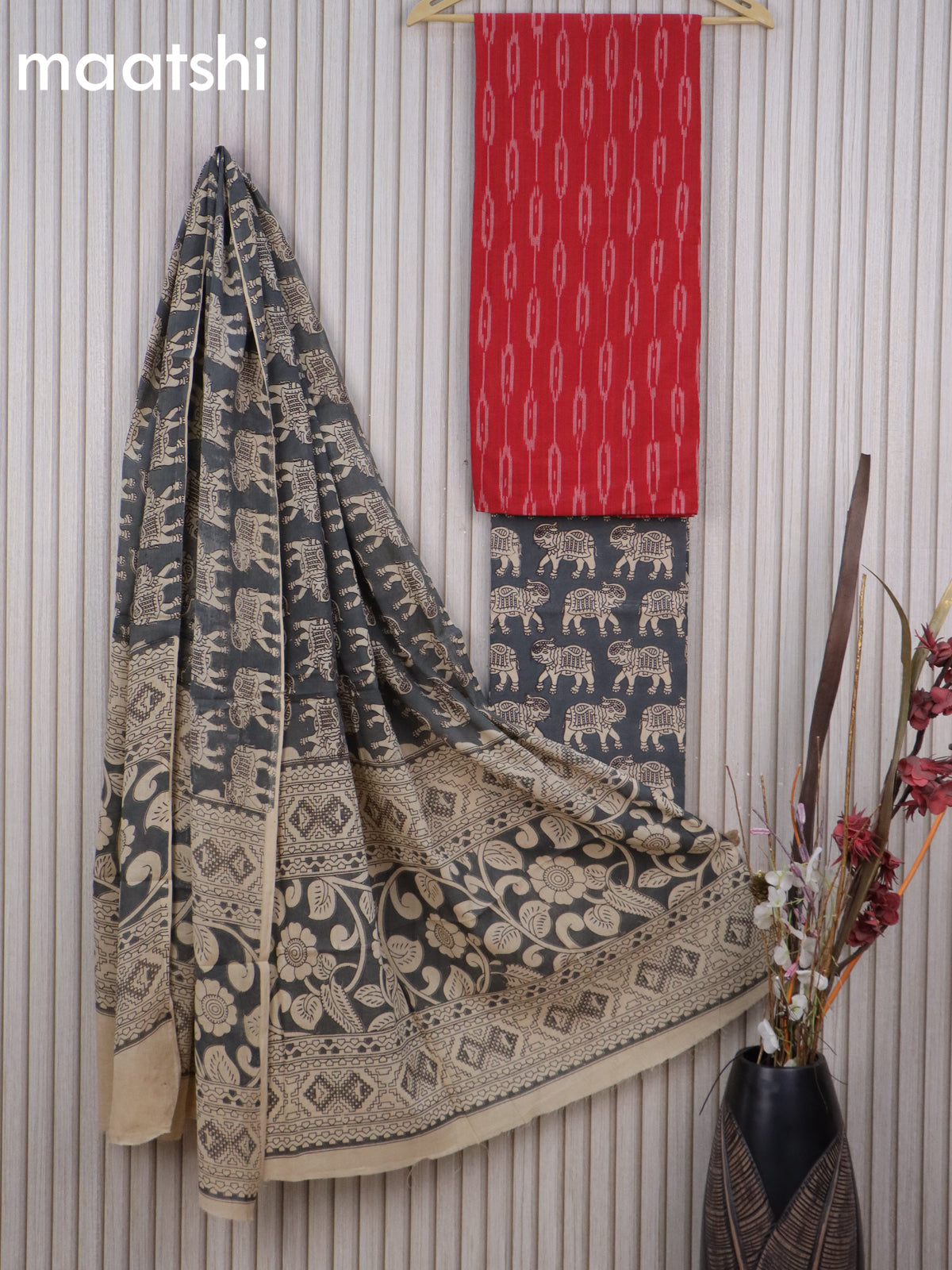 Cotton dress material red and grey with allover ikat weaves and kalamkari bottom & dupatta