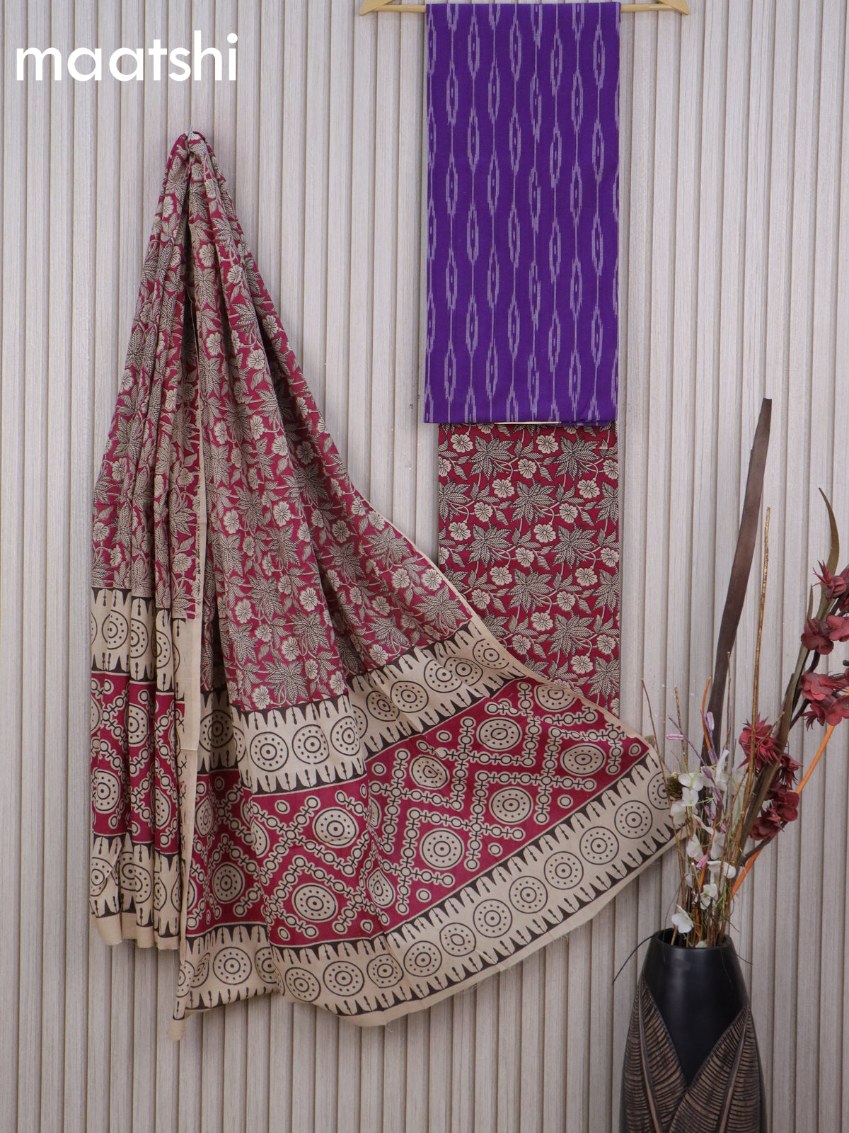 Cotton dress material violet and magenta pink with allover ikat weaves and kalamkari bottom & dupatta