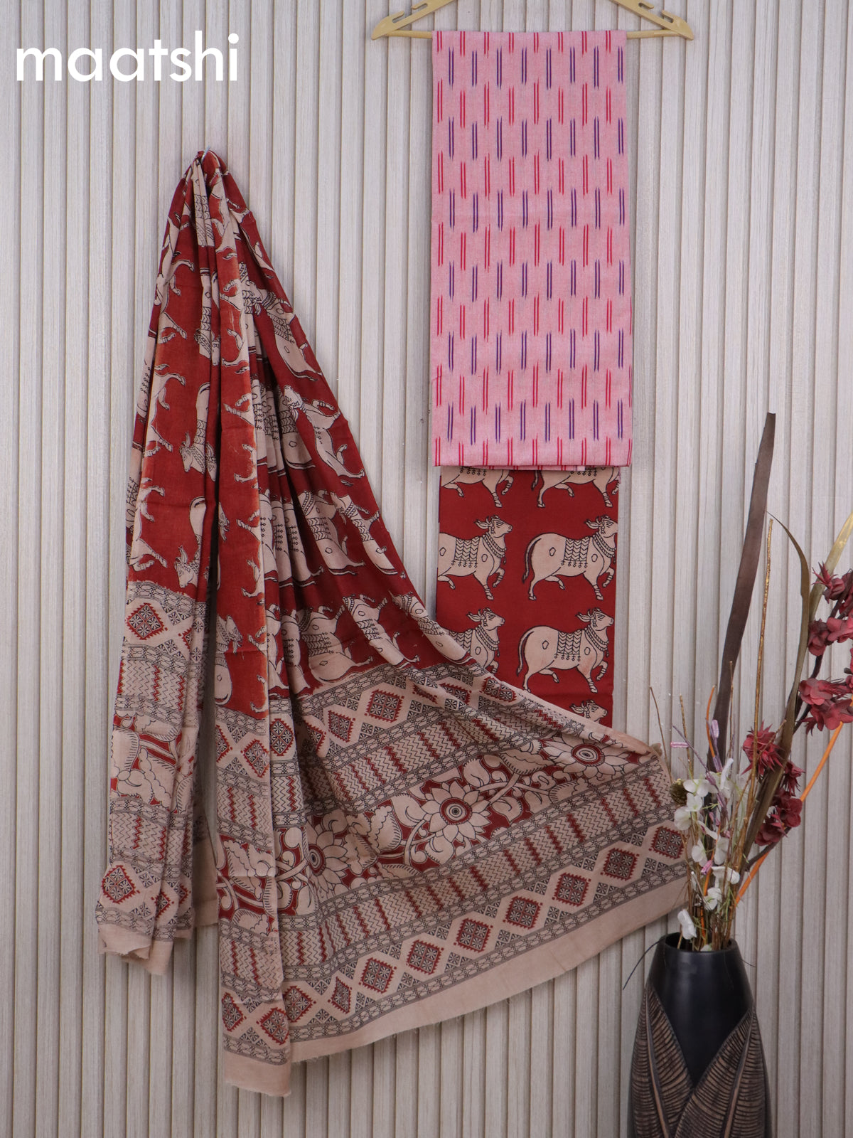 Cotton dress material red shade and maroon with allover ikat buttas weaves and kalamkari pichwai bottom & dupatta