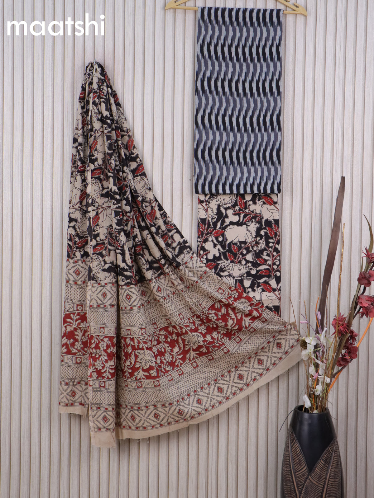 Cotton dress material grey and black beige with allover ikat weaves and kalamkari pichwai bottom & dupatta