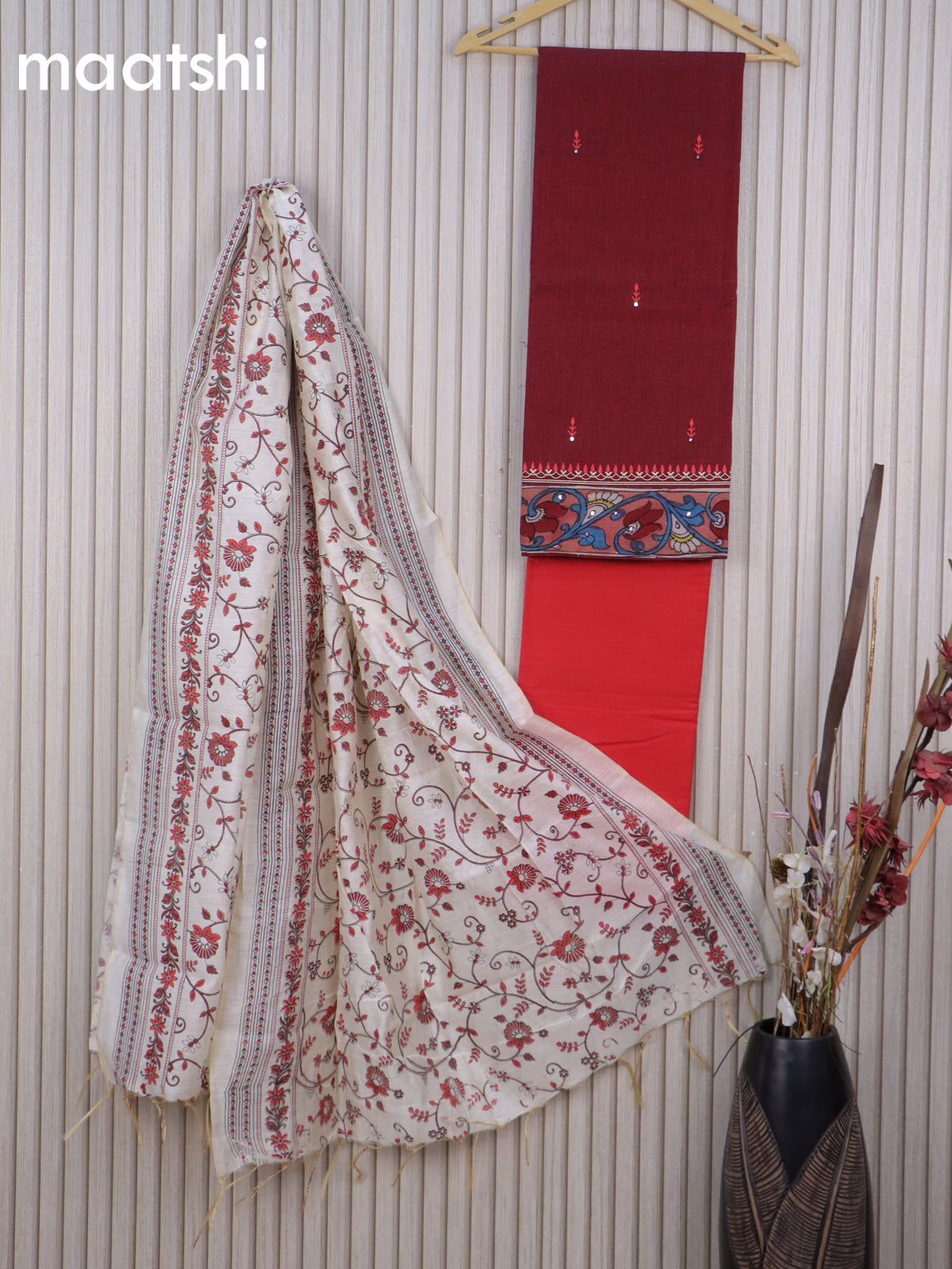 Cotton dress material maroon and red with mirror work buttas & kalamkari border and bottom & printed dupatta