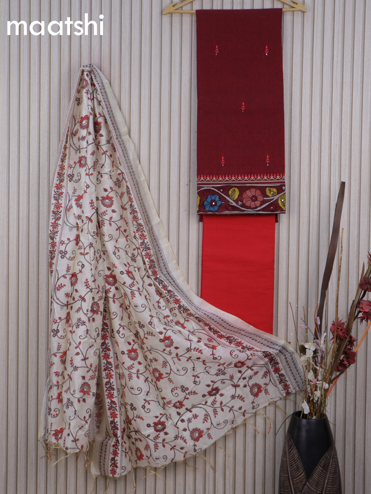 Cotton dress material maroon and red with mirror work buttas & kalamkari border and bottom & printed dupatta