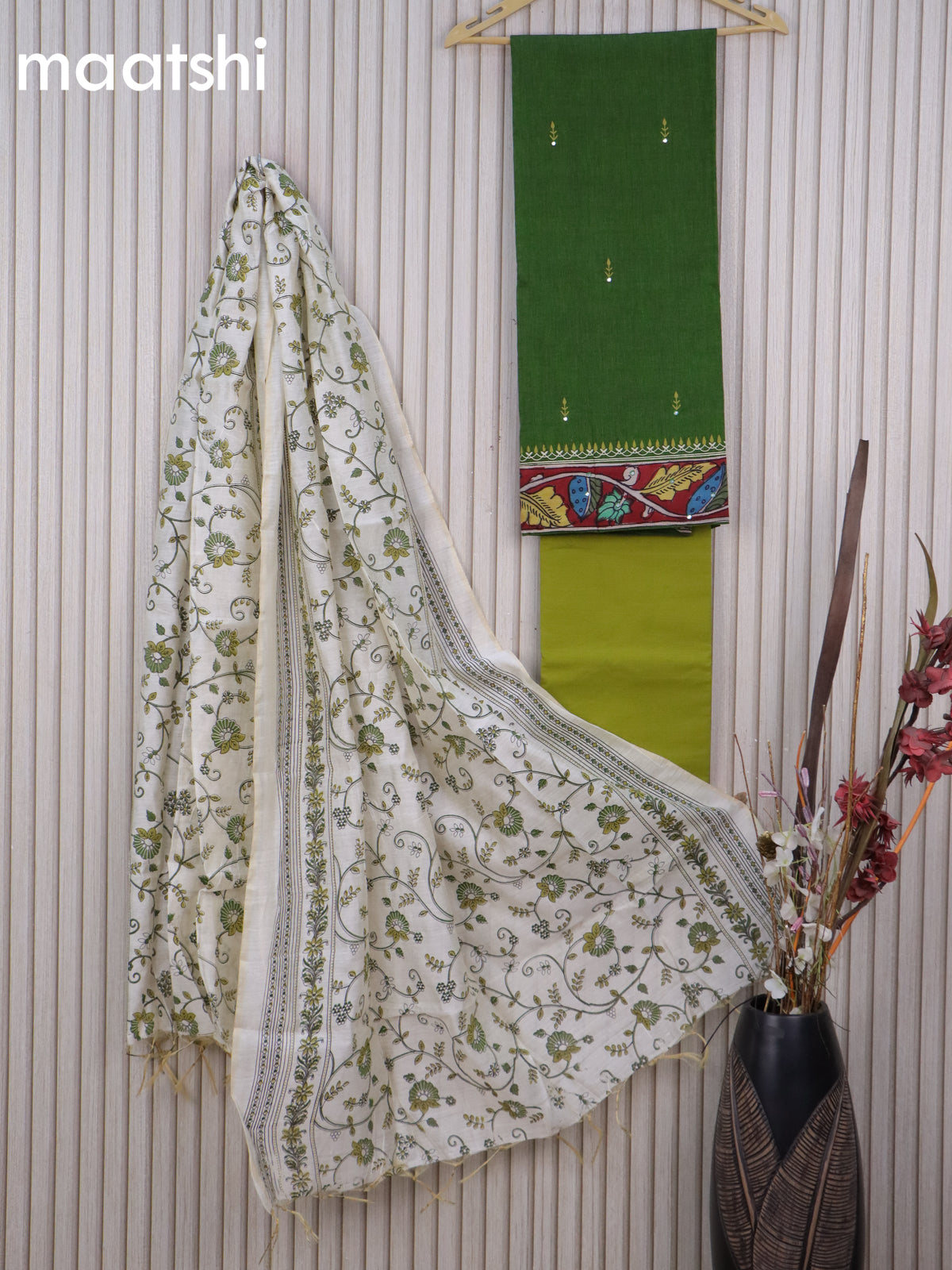 Cotton dress material green and light green with mirror work buttas & kalamkari border and bottom & printed dupatta