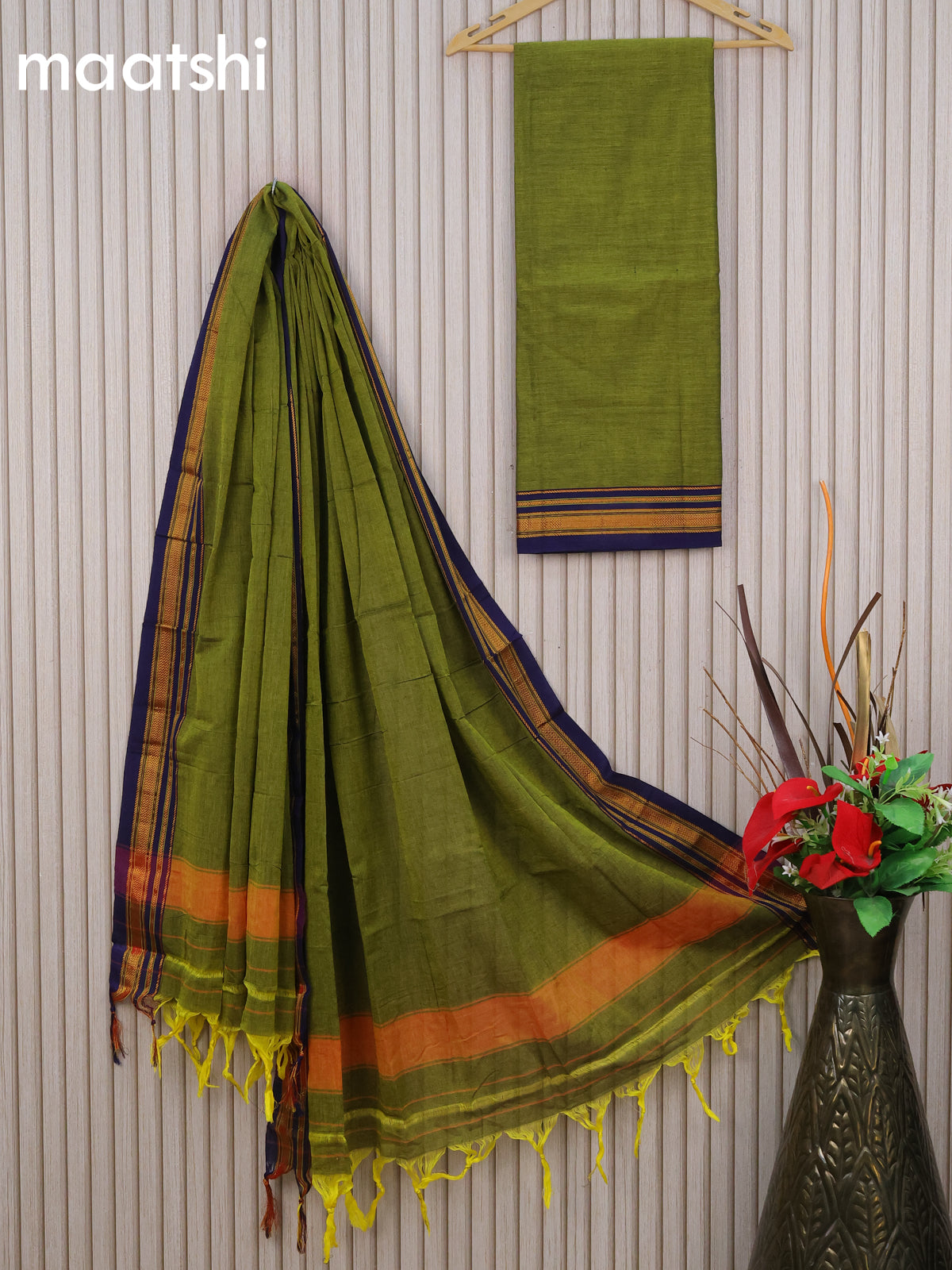 Narayanpet cotton dress material mehendi green and blue with plain body and zari woven border & dupatta - without bottom