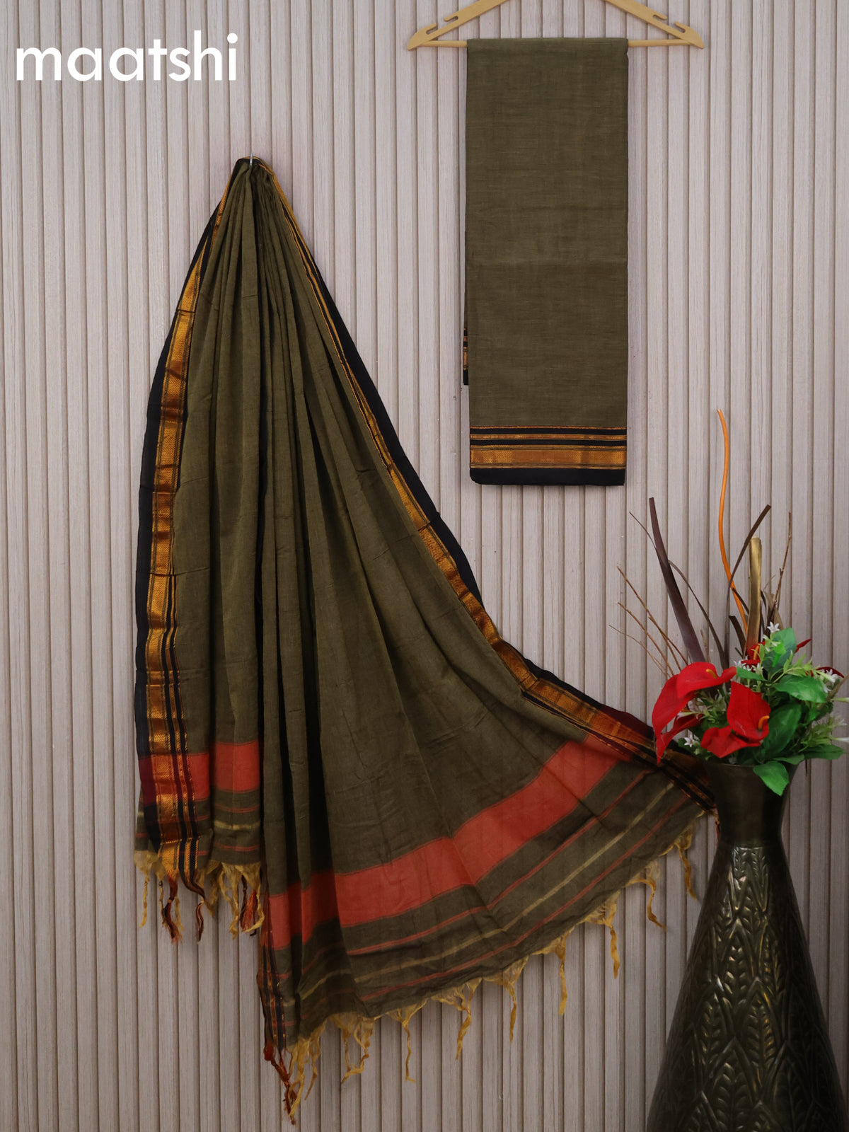 Narayanpet cotton dress material elaichi green and black with plain body and zari woven border & dupatta - without bottom