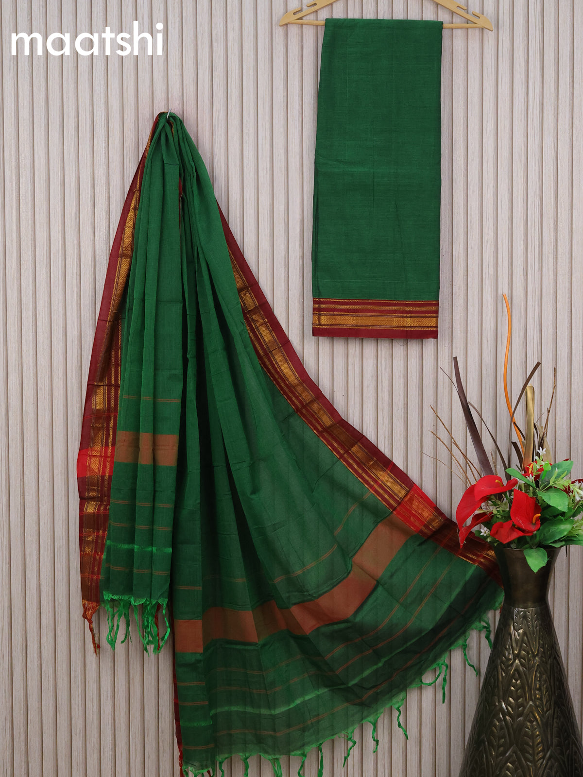 Narayanpet cotton dress material green and maroon with plain body and zari woven border & dupatta - without bottom