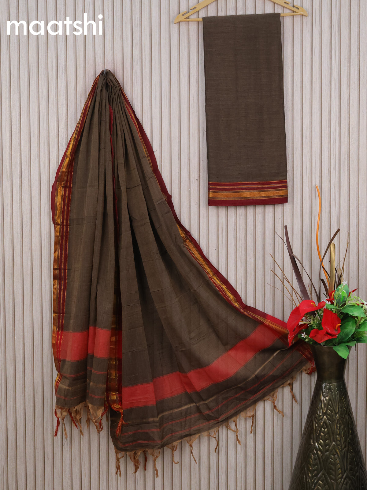 Narayanpet cotton dress material grey shade and maroon with plain body and zari woven border & dupatta - without bottom