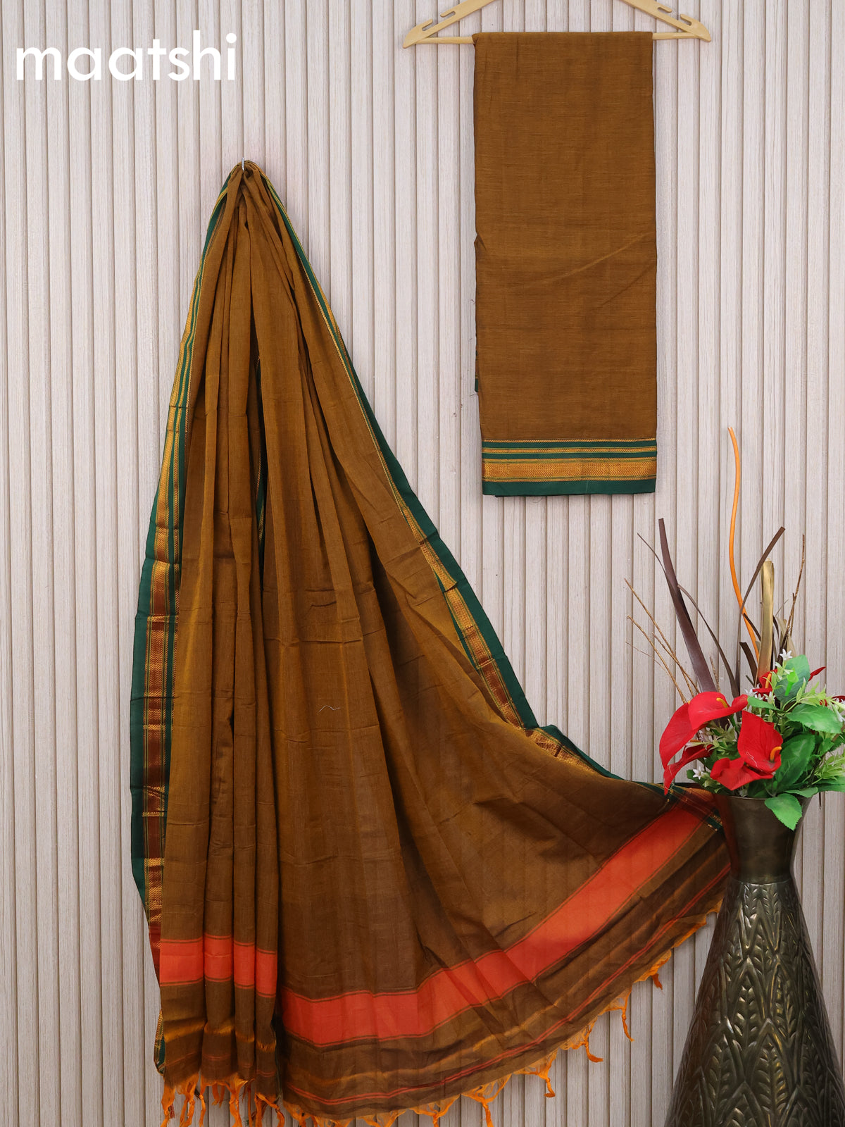 Narayanpet cotton dress material dark mustard and green with plain body and zari woven border & dupatta - without bottom