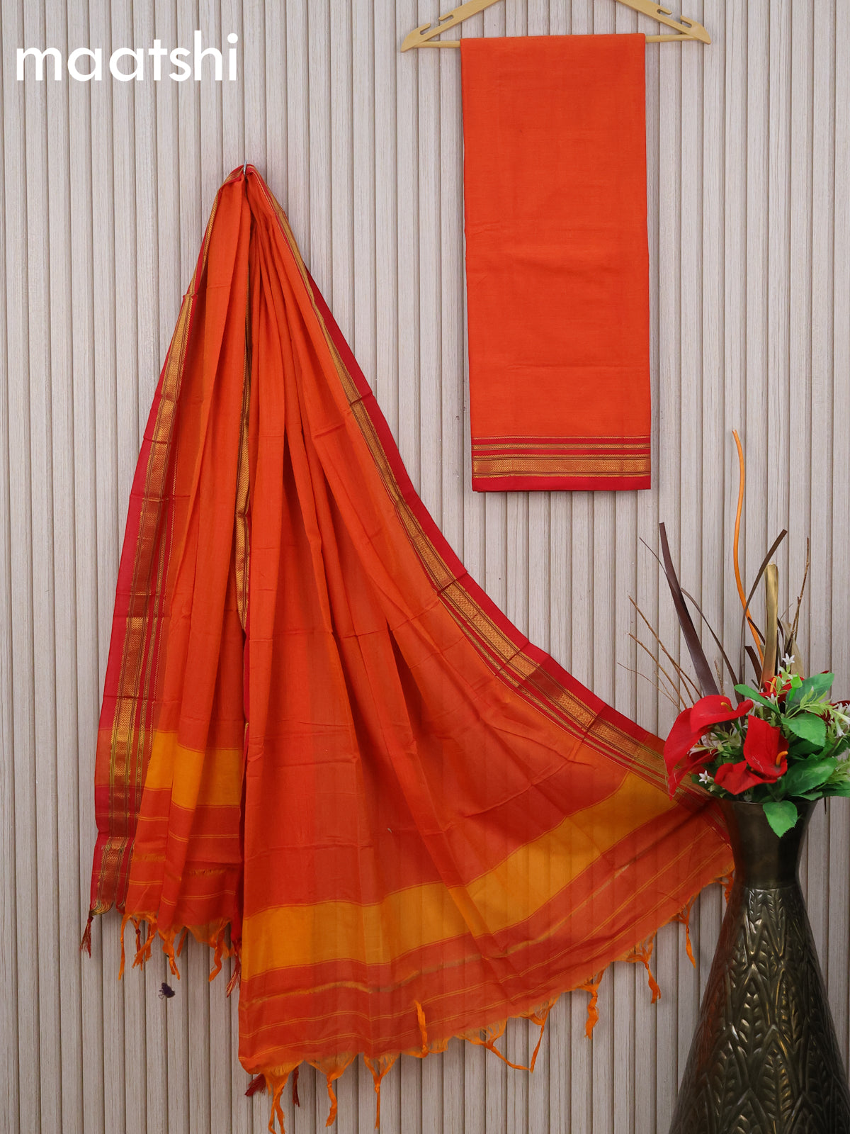 Narayanpet cotton dress material orange and red with plain body and zari woven border & dupatta - without bottom