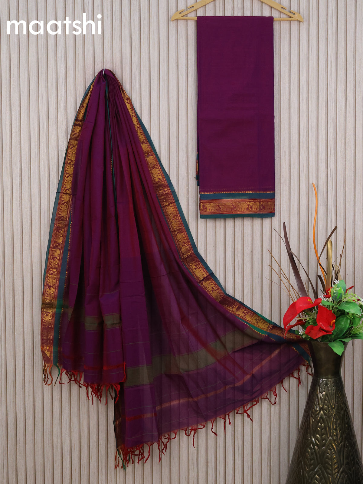 Narayanpet cotton dress material purple and green with plain body and elephant zari woven border & dupatta - without bottom