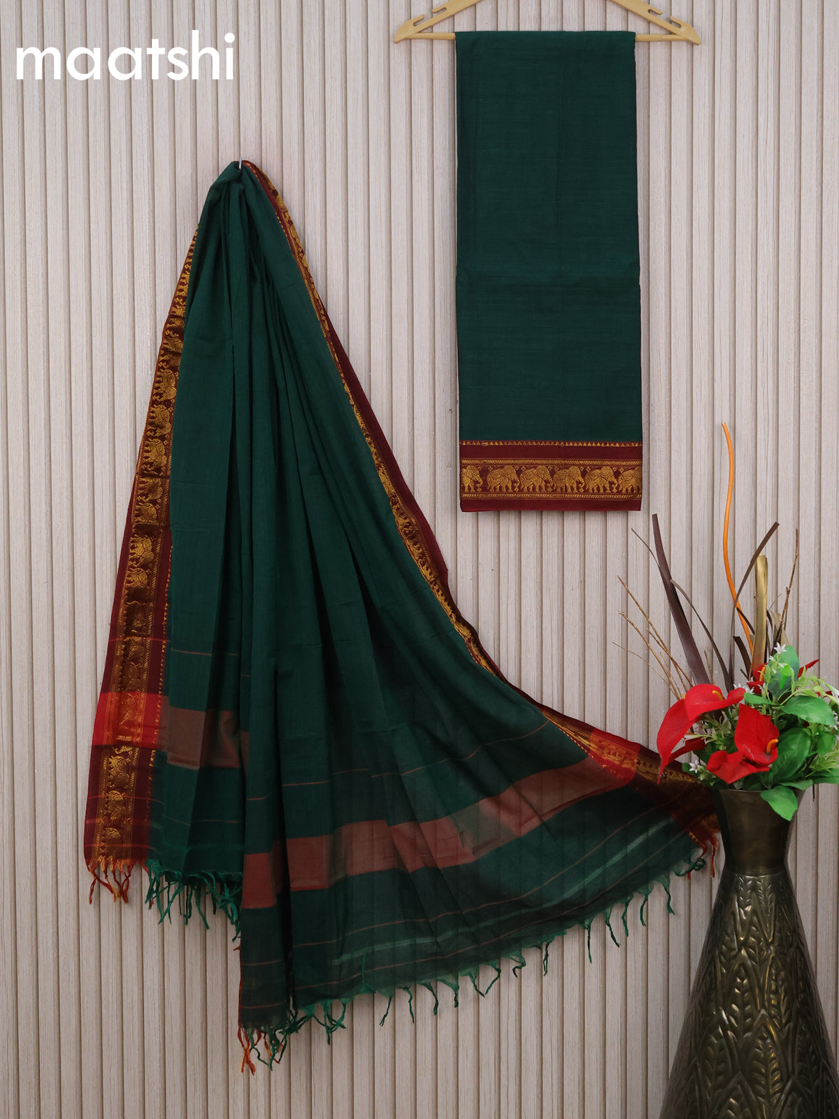 Narayanpet cotton dress material green and maroon with plain body and elephant zari woven border & dupatta - without bottom