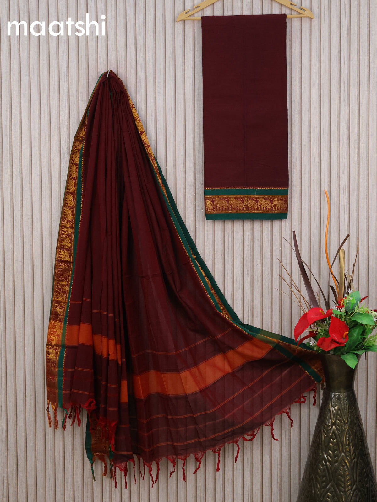 Narayanpet cotton dress material deep maroon and green with plain body and elephant zari woven border & dupatta - without bottom