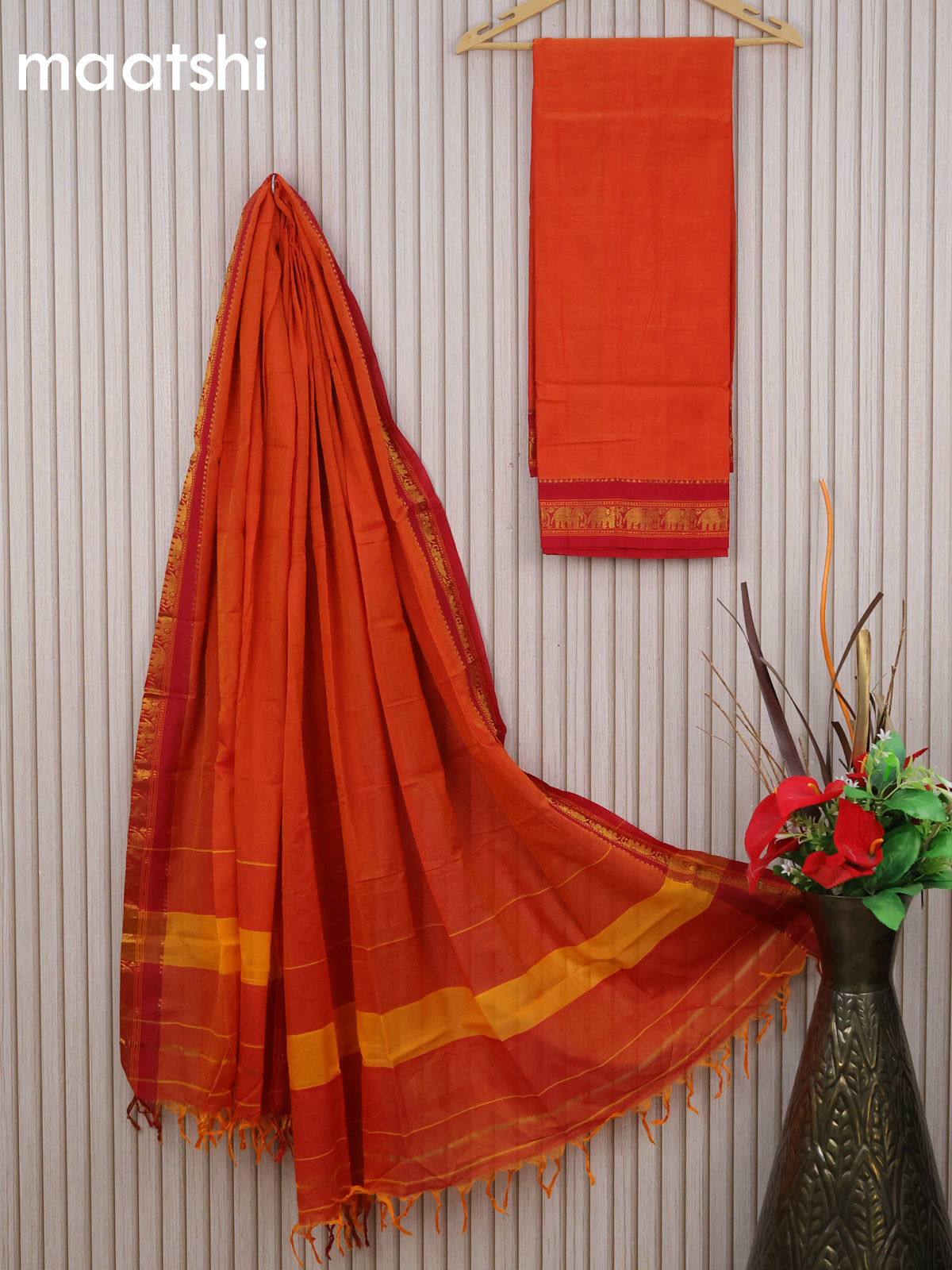 Narayanpet cotton dress material orange and red with plain body and elephant zari woven border & dupatta - without bottom