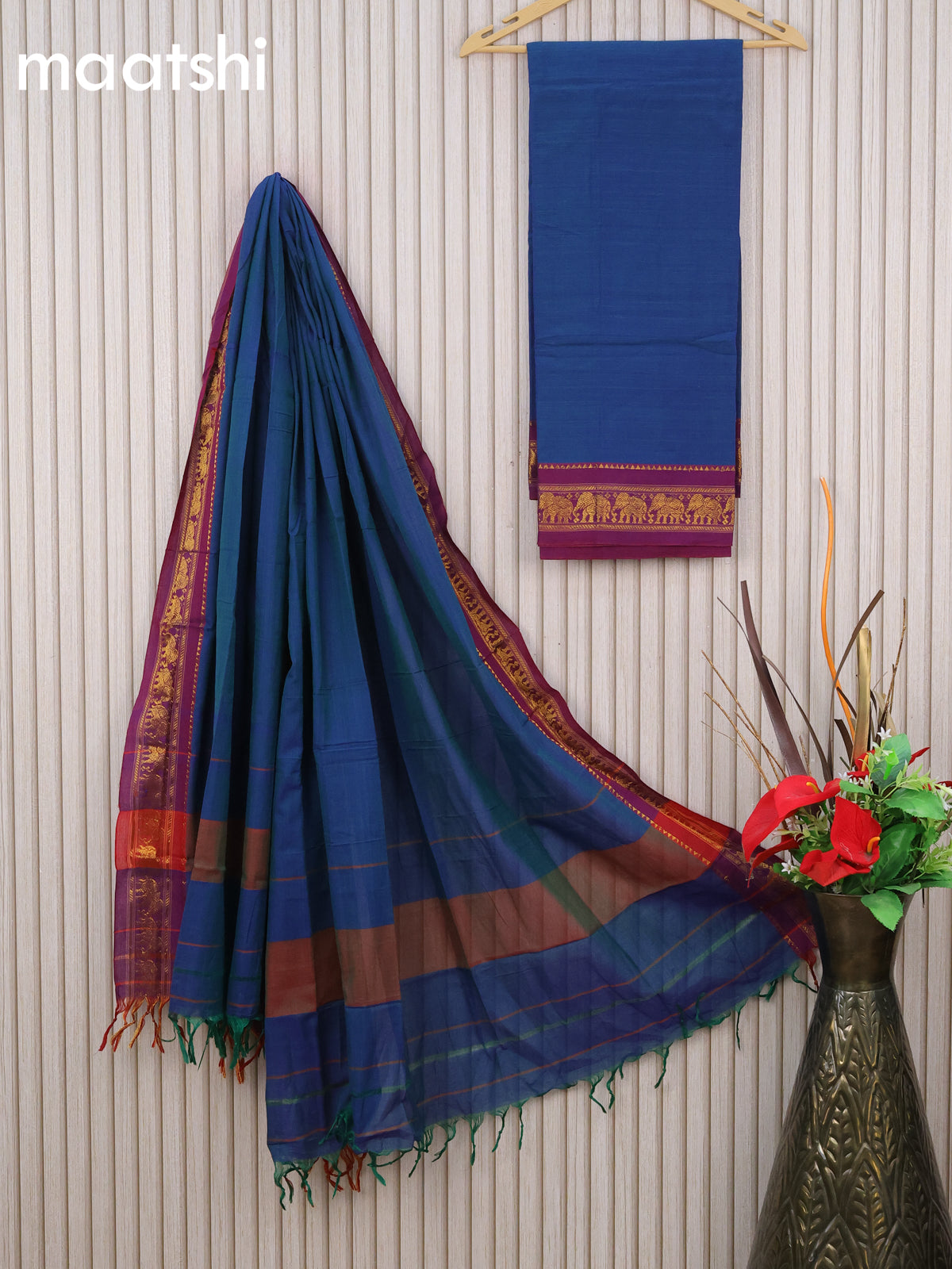 Narayanpet cotton dress material dual shade of bluish green and purple with plain body and elephant zari woven border & dupatta - without bottom