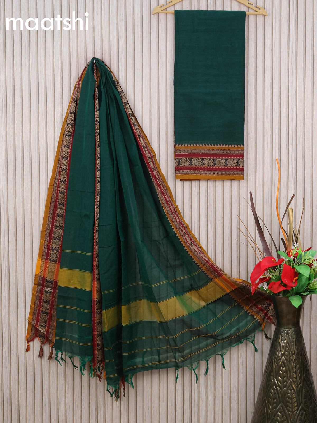 Narayanpet cotton dress material green and mustard shade with plain body and thread woven border & dupatta - without bottom