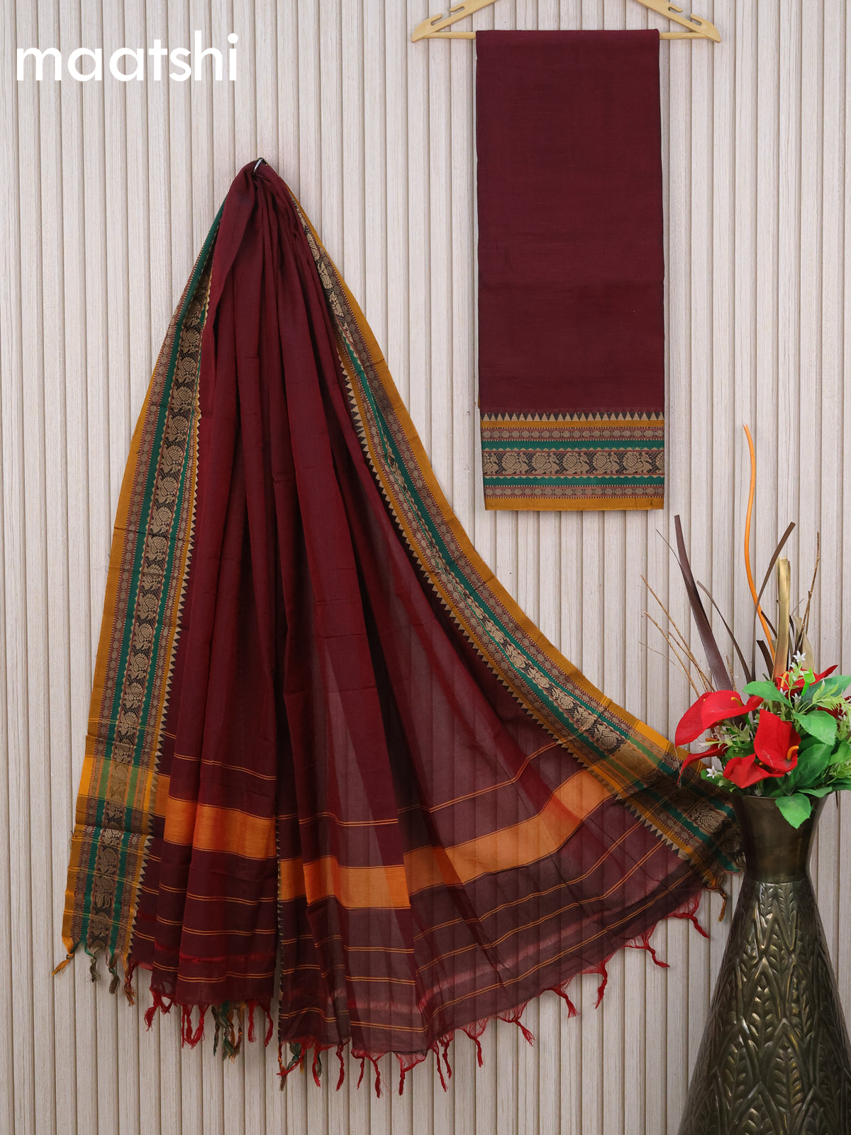 Narayanpet cotton dress material maroon and mustard shade with plain body and thread woven border & dupatta - without bottom