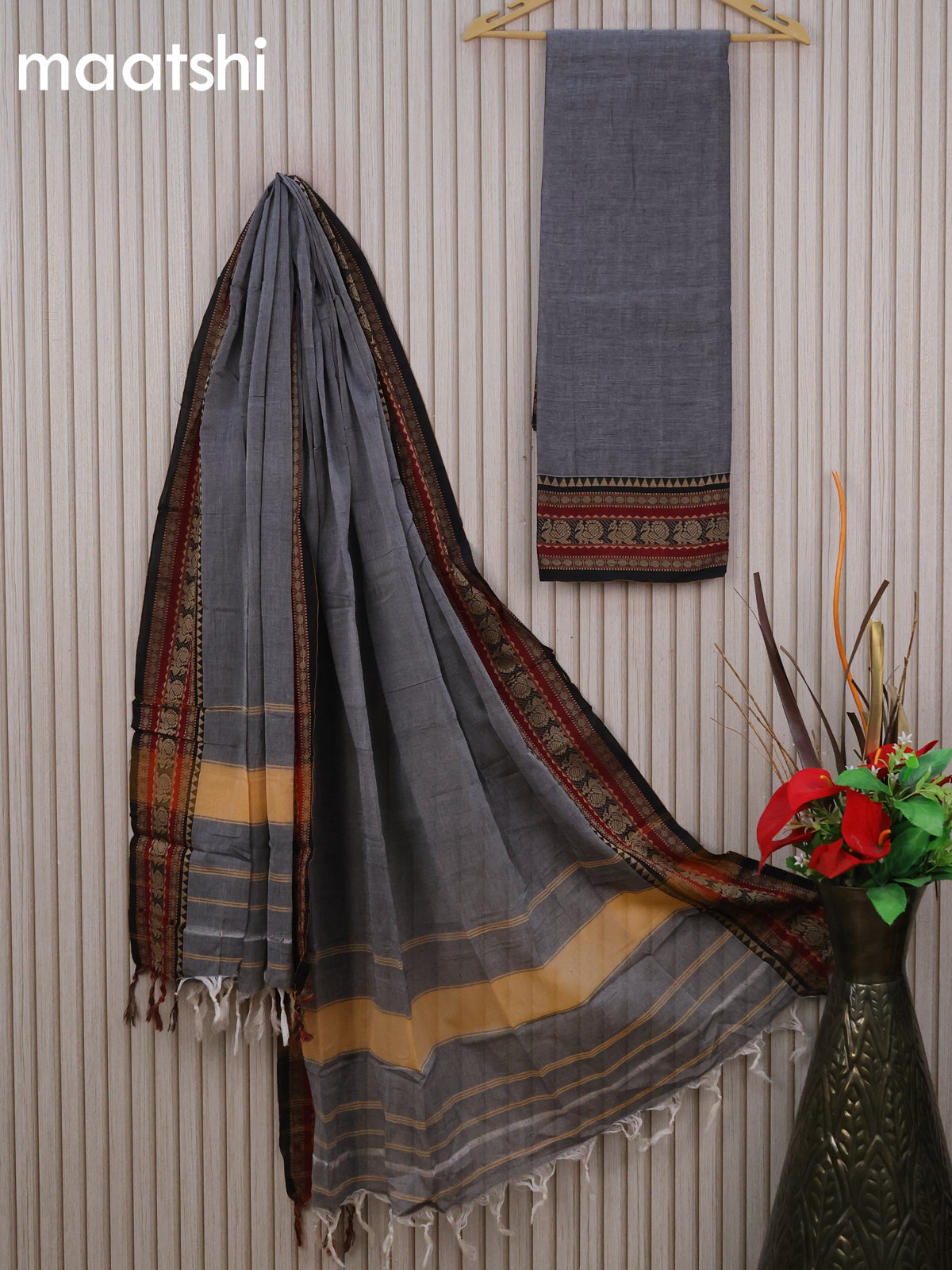 Narayanpet cotton dress material grey and black with plain body and thread woven border & dupatta - without bottom