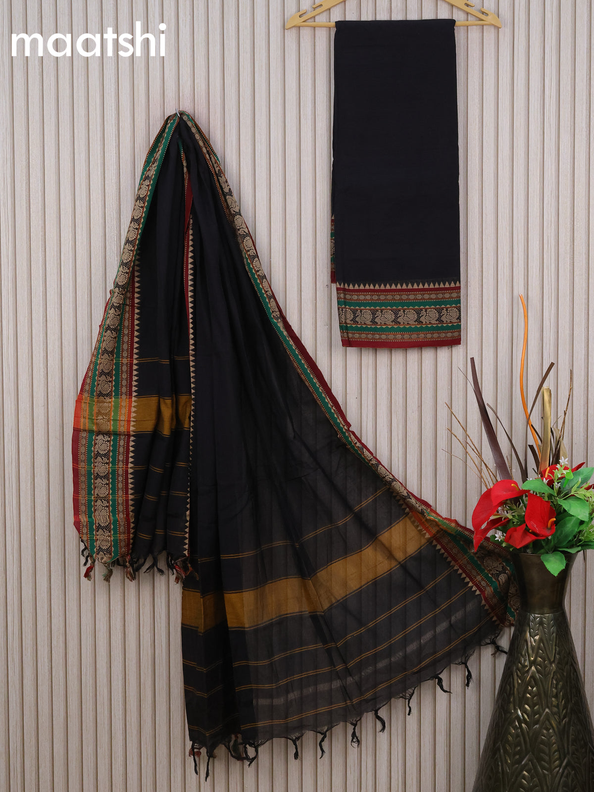 Narayanpet cotton dress material black and maroon with plain body and thread woven border & dupatta - without bottom