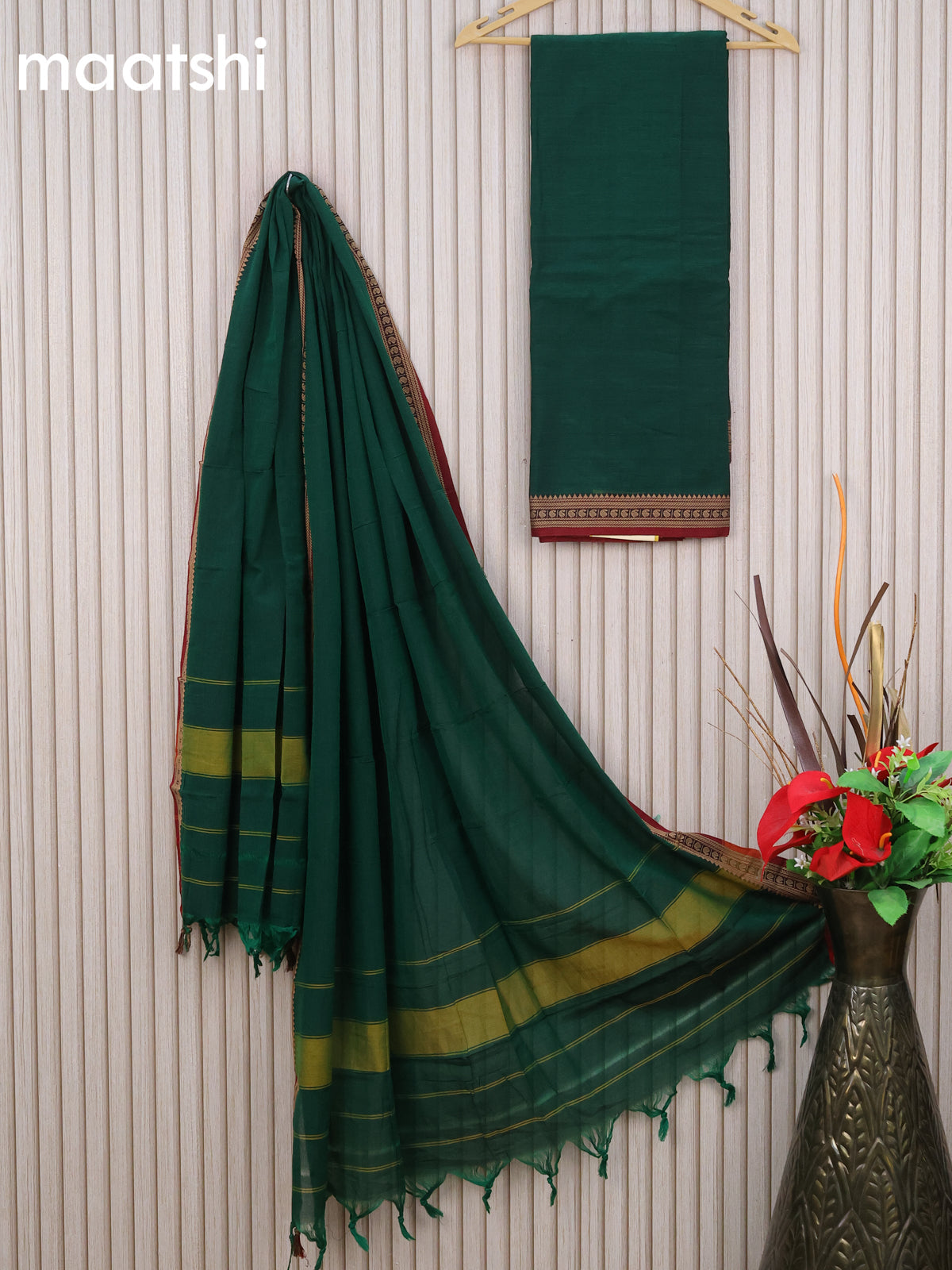 Narayanpet cotton dress material green and maroon with plain body and thread woven border & dupatta - without bottom