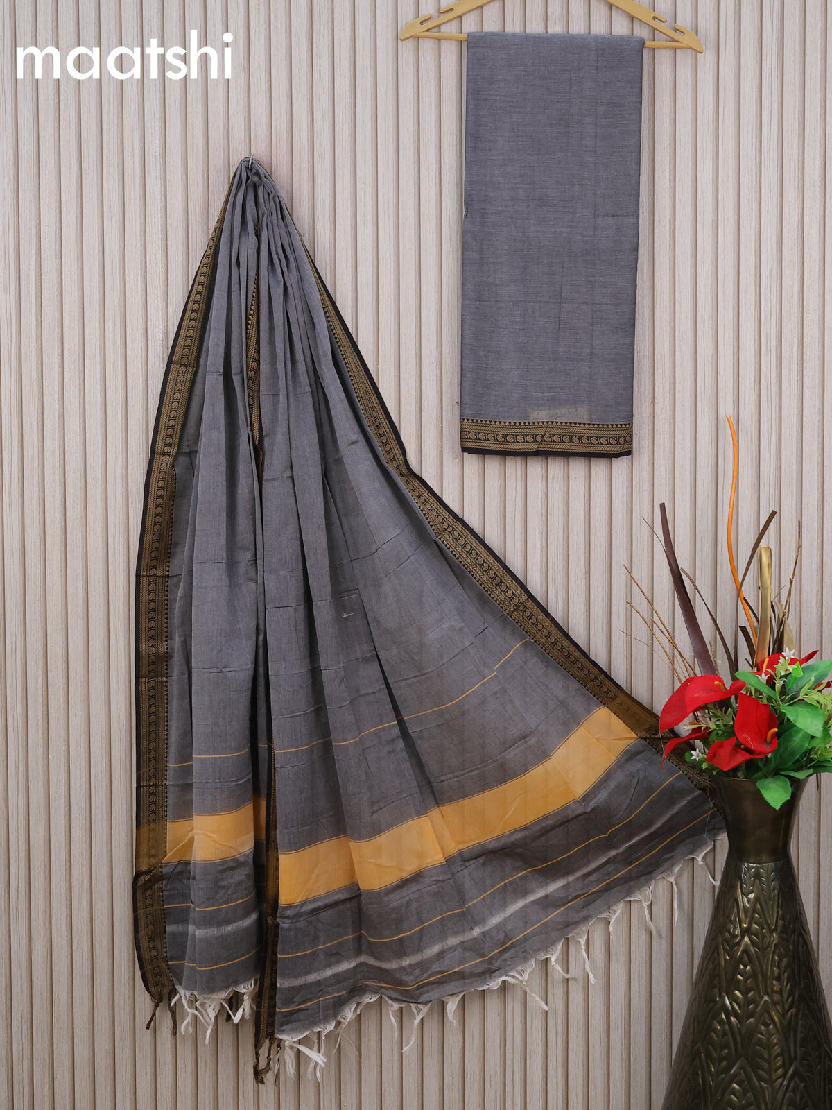 Narayanpet cotton dress material grey and maroon with plain body and thread woven border & dupatta - without bottom