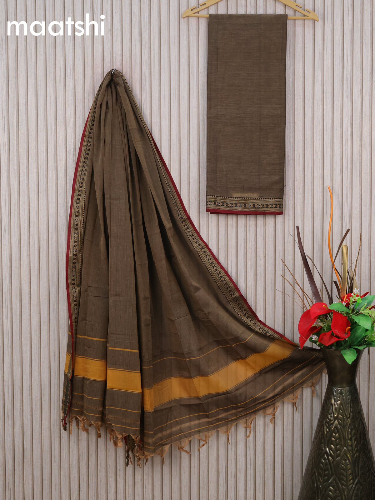 Narayanpet cotton dress material grey and maroon with plain body and thread woven border & dupatta - without bottom