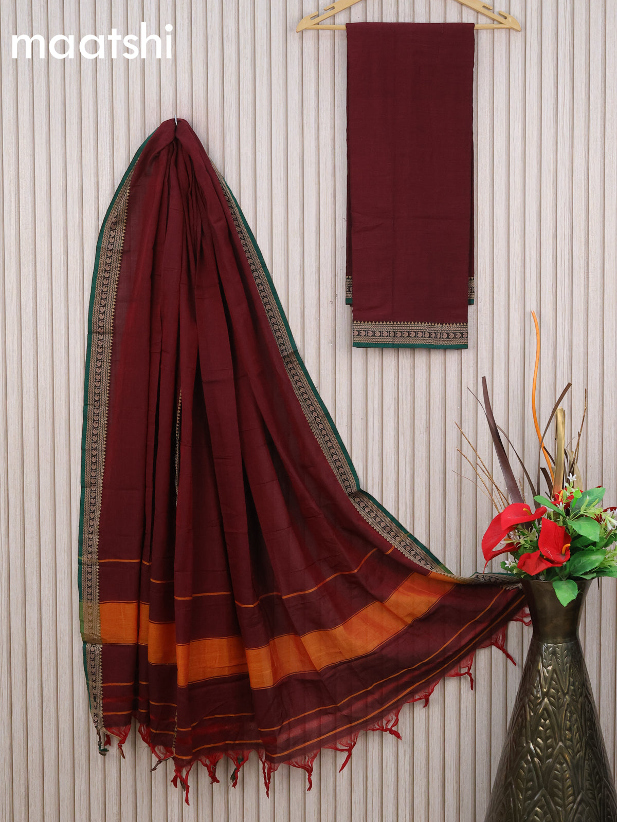 Narayanpet cotton dress material maroon and green with plain body and thread woven border & dupatta - without bottom