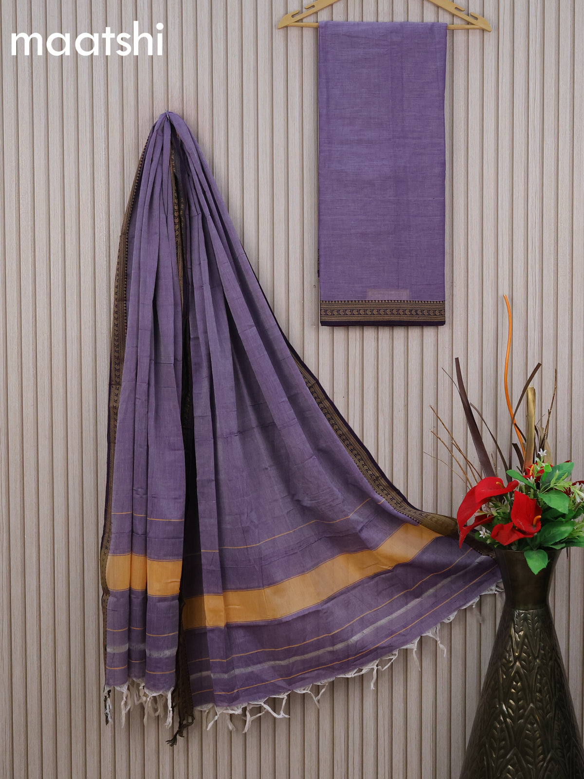 Narayanpet cotton dress material violet shade and deep violet with plain body and thread woven border & dupatta - without bottom