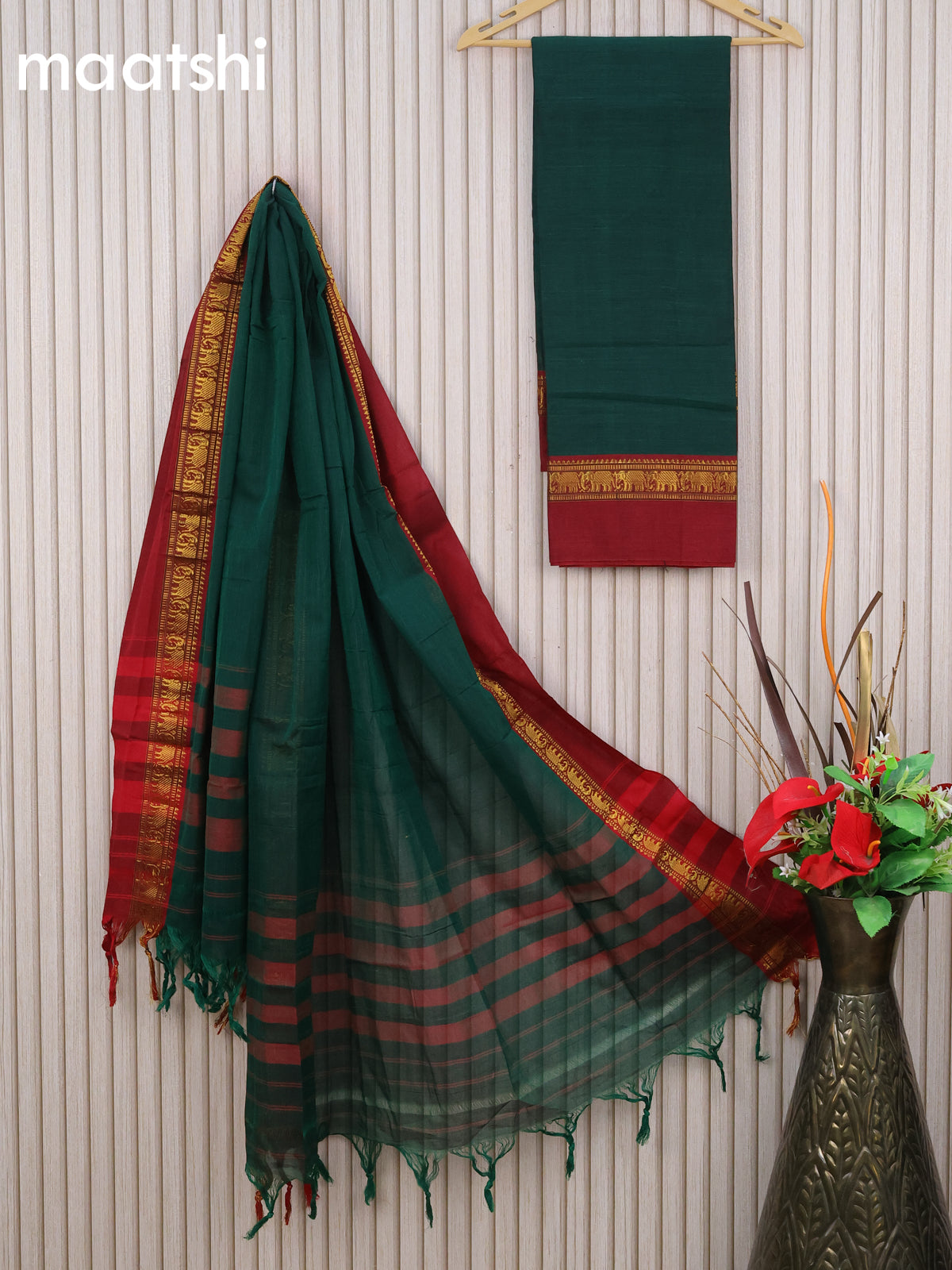 Narayanpet cotton dress material green and maroon with plain body and elephant deisgn zari woven simple border & dupatta - without bottom