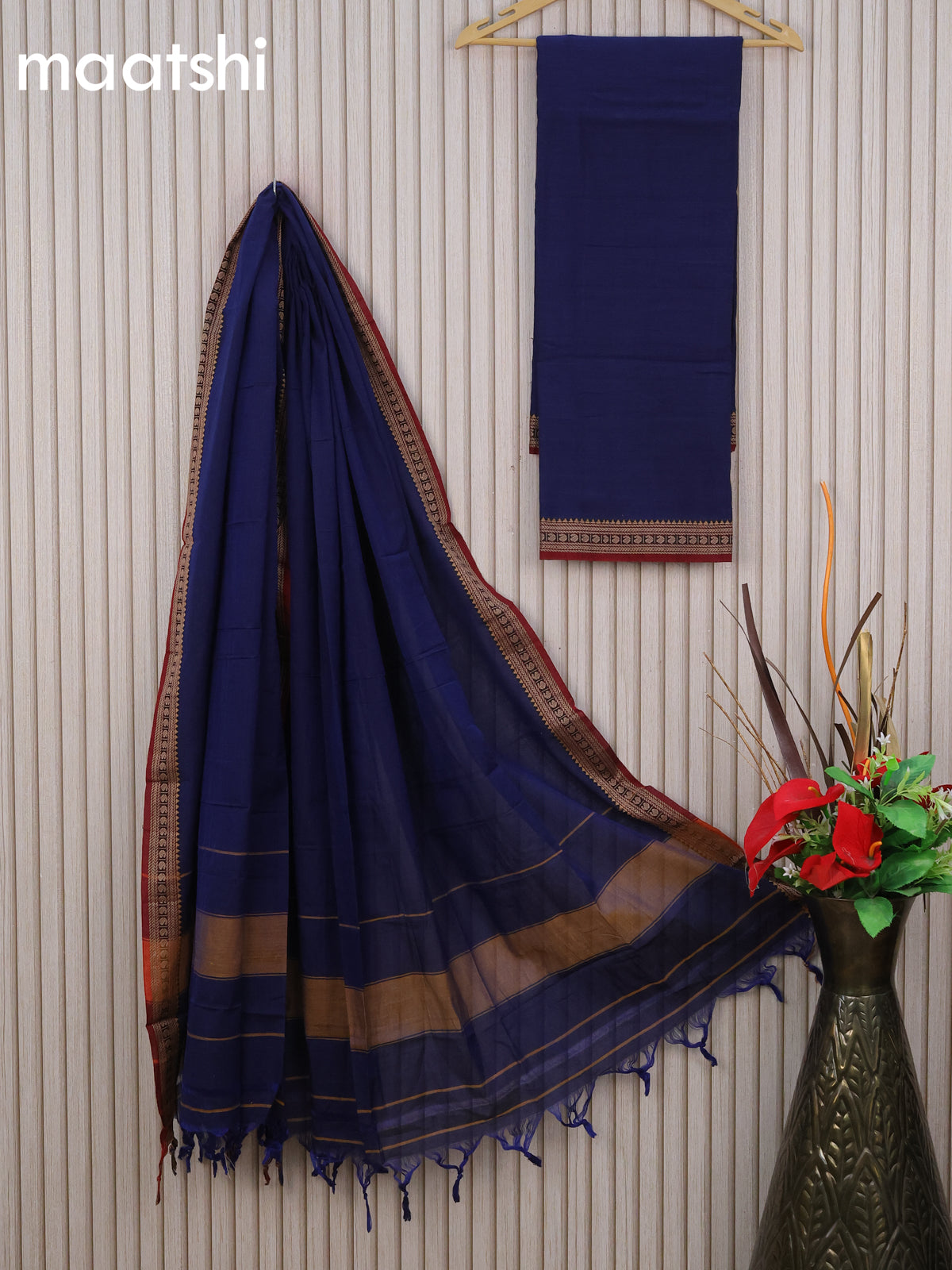 Narayanpet cotton dress material blue and maroon with plain body and thread woven border & dupatta - without bottom