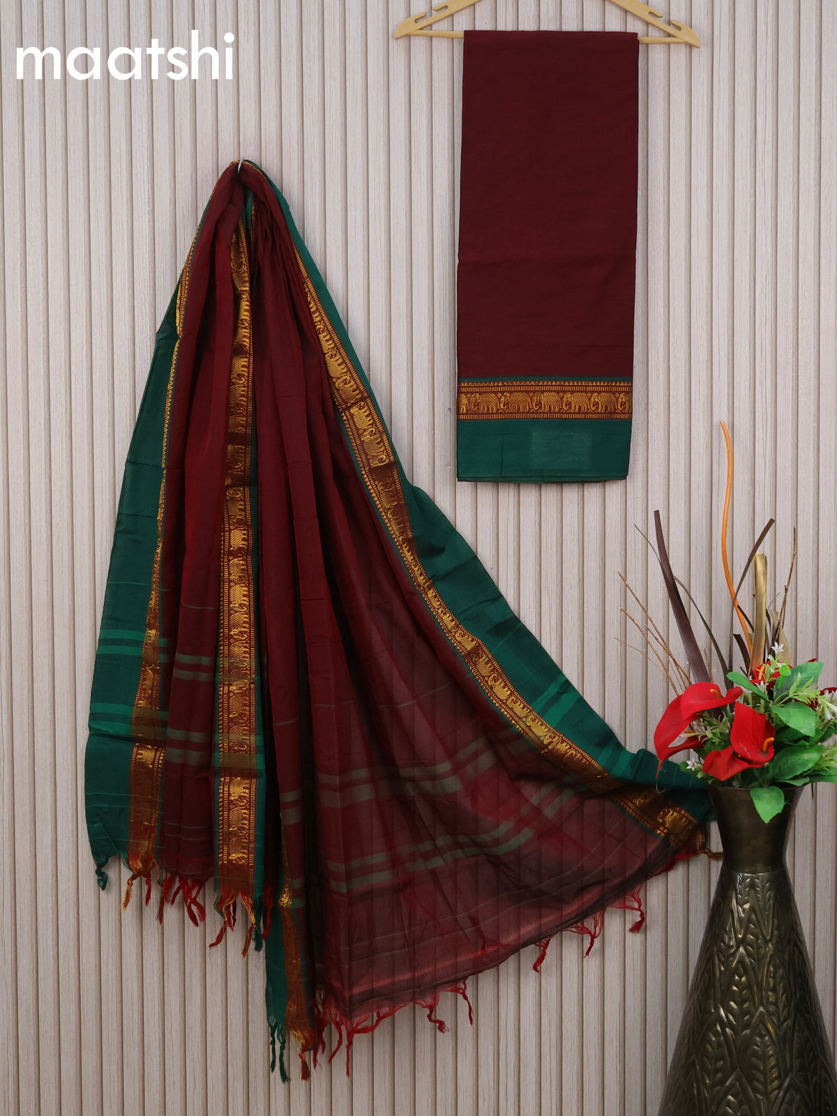 Narayanpet cotton dress material maroon and green with plain body and elephant deisgn zari woven simple border & dupatta - without bottom