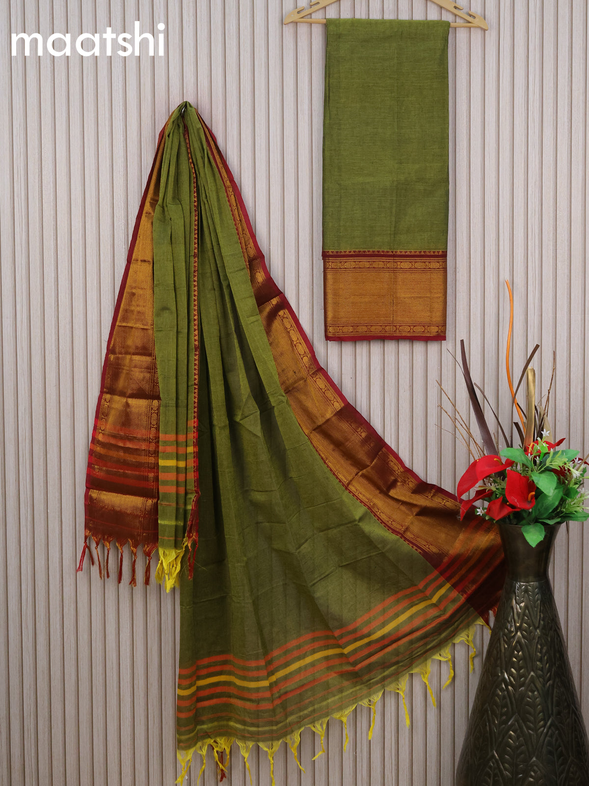 Narayanpet cotton dress material mehendi green and maroon with plain body and zari woven border & dupatta - without bottom