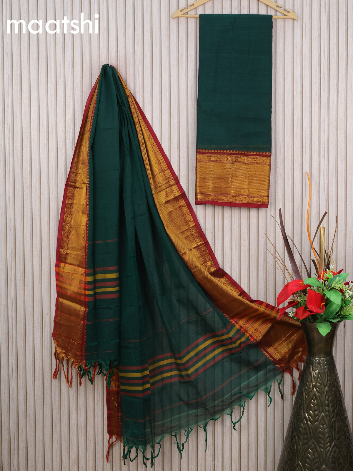 Narayanpet cotton dress material green and maroon with plain body and zari woven border & dupatta - without bottom